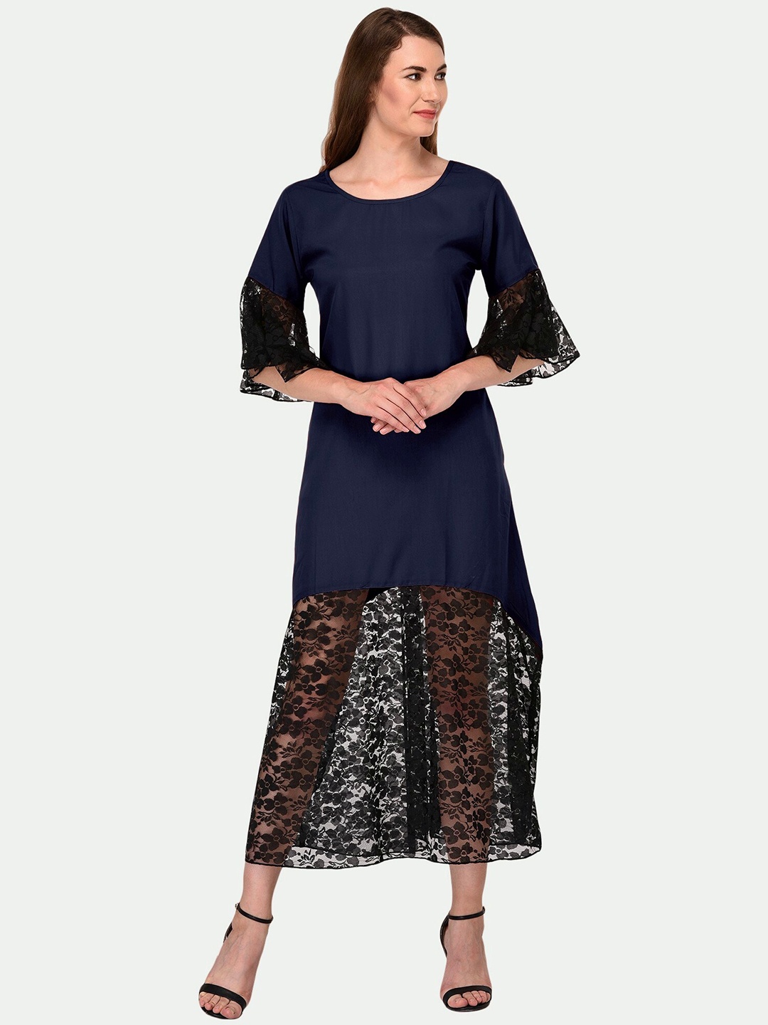 

PATRORNA Lace Insert Cotton A-Line Midi Dress, Navy blue