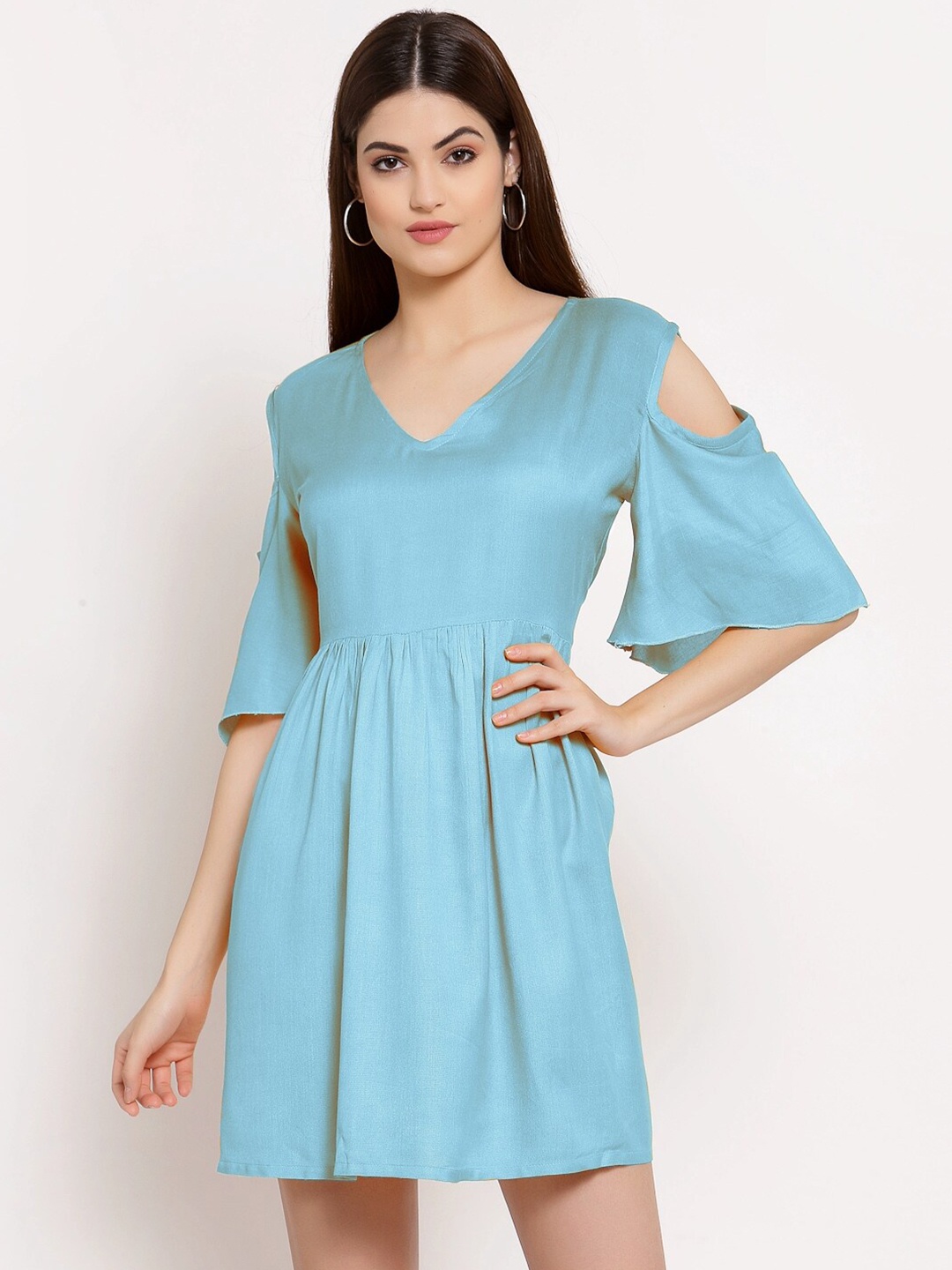 

PATRORNA Cold-shoulder Fit & Flare Cotton Dress, Blue