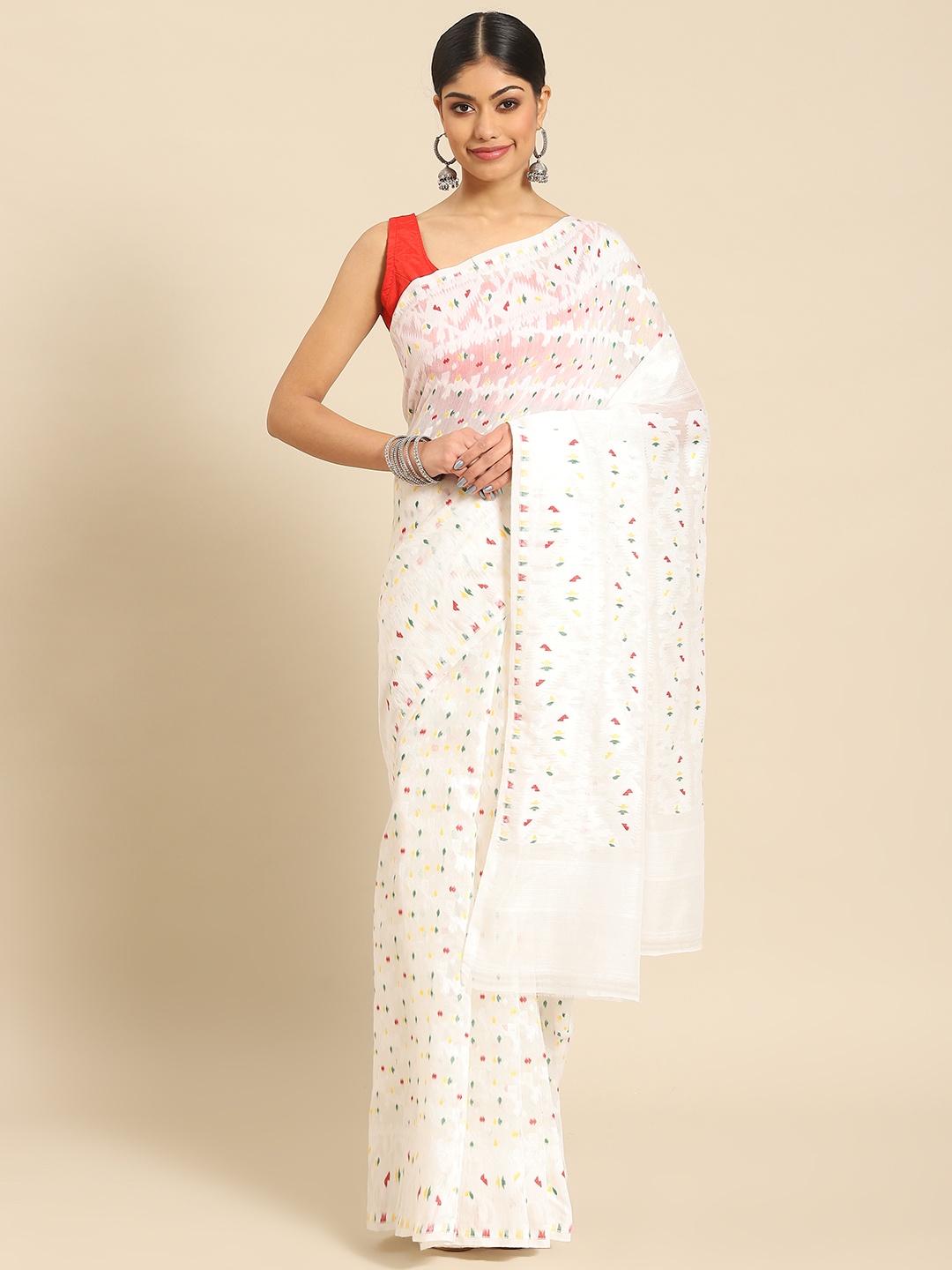 

ADITRI Handloom Silk Cotton Jamdani Saree, White