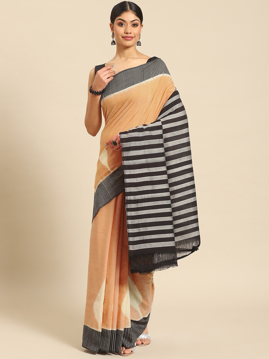 

ADITRI Handloom Pure Cotton Ikat Saree, Brown