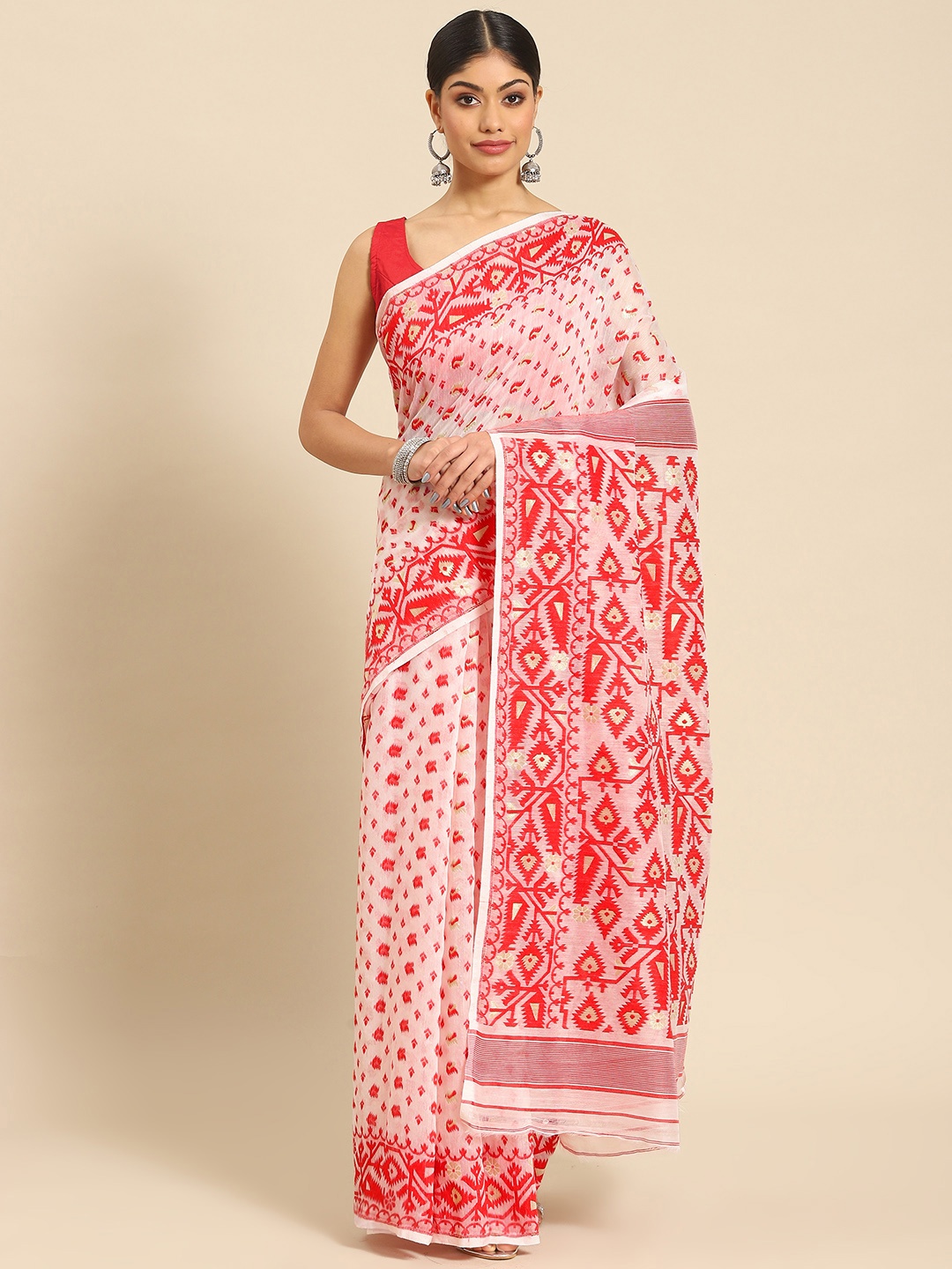 

ADITRI Handloom Silk Cotton Jamdani Saree, White