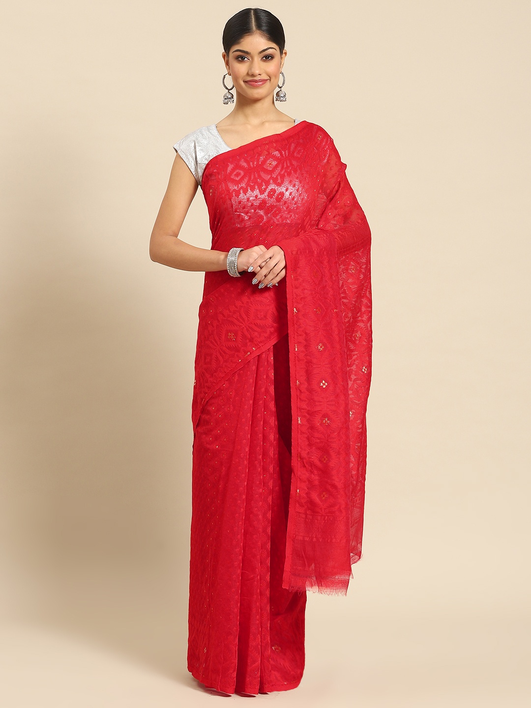 

ADITRI Handloom Silk Cotton Jamdani Saree, Red