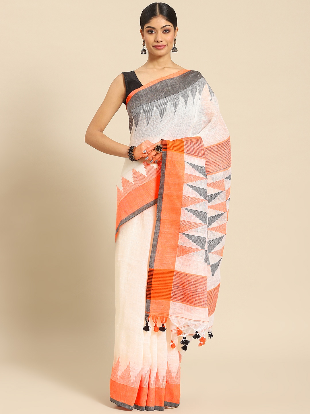 

ADITRI Handloom Pure Linen Jamdani Saree, White