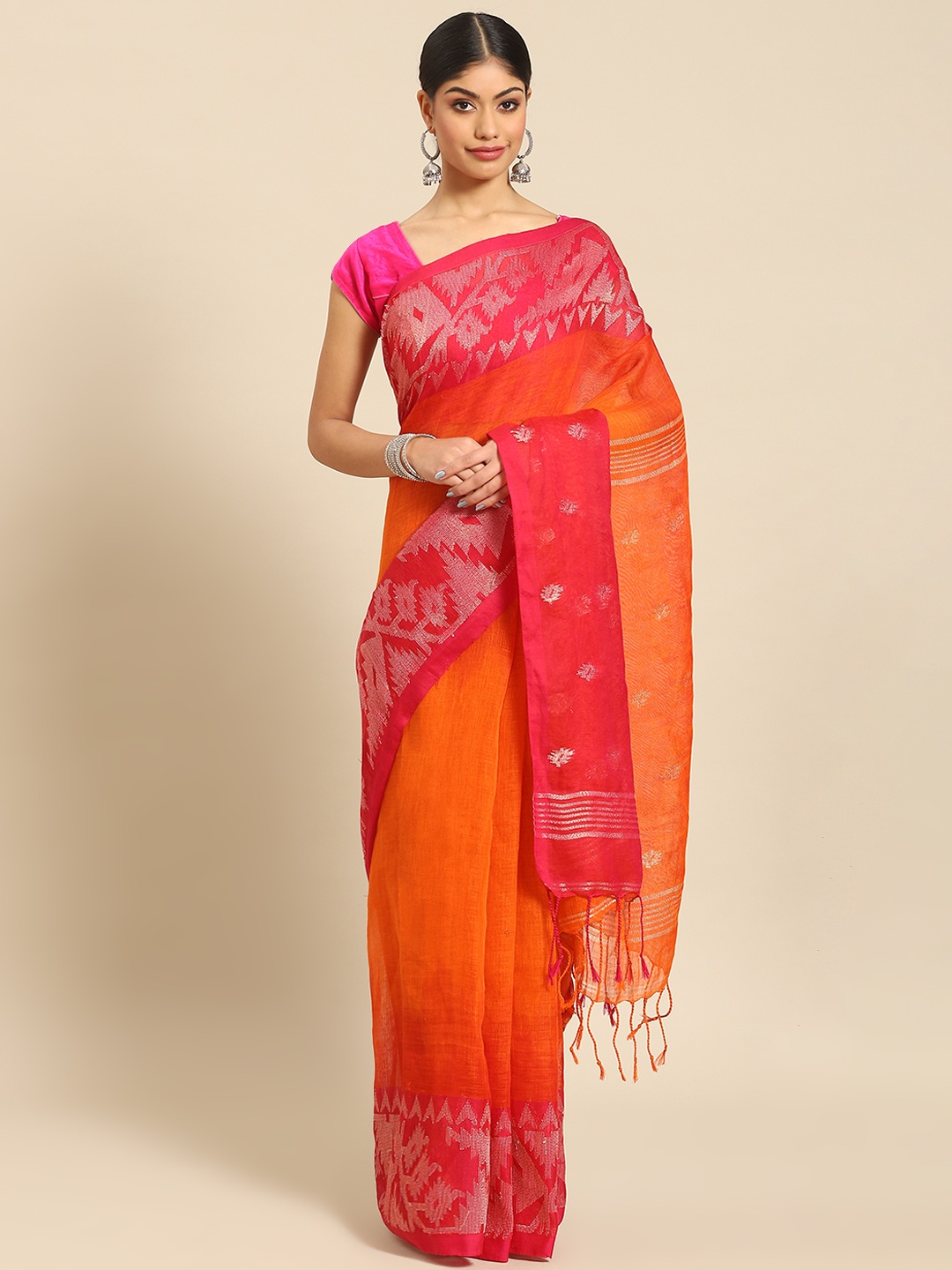 

ADITRI Handloom Pure Linen Jamdani Saree, Rust