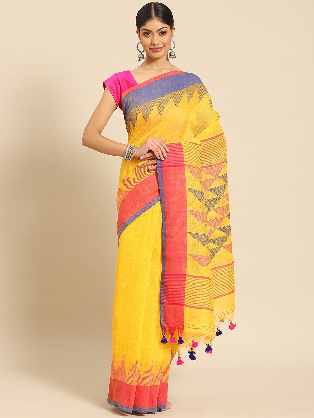 

ADITRI Handloom Pure Linen Jamdani Saree, Gold