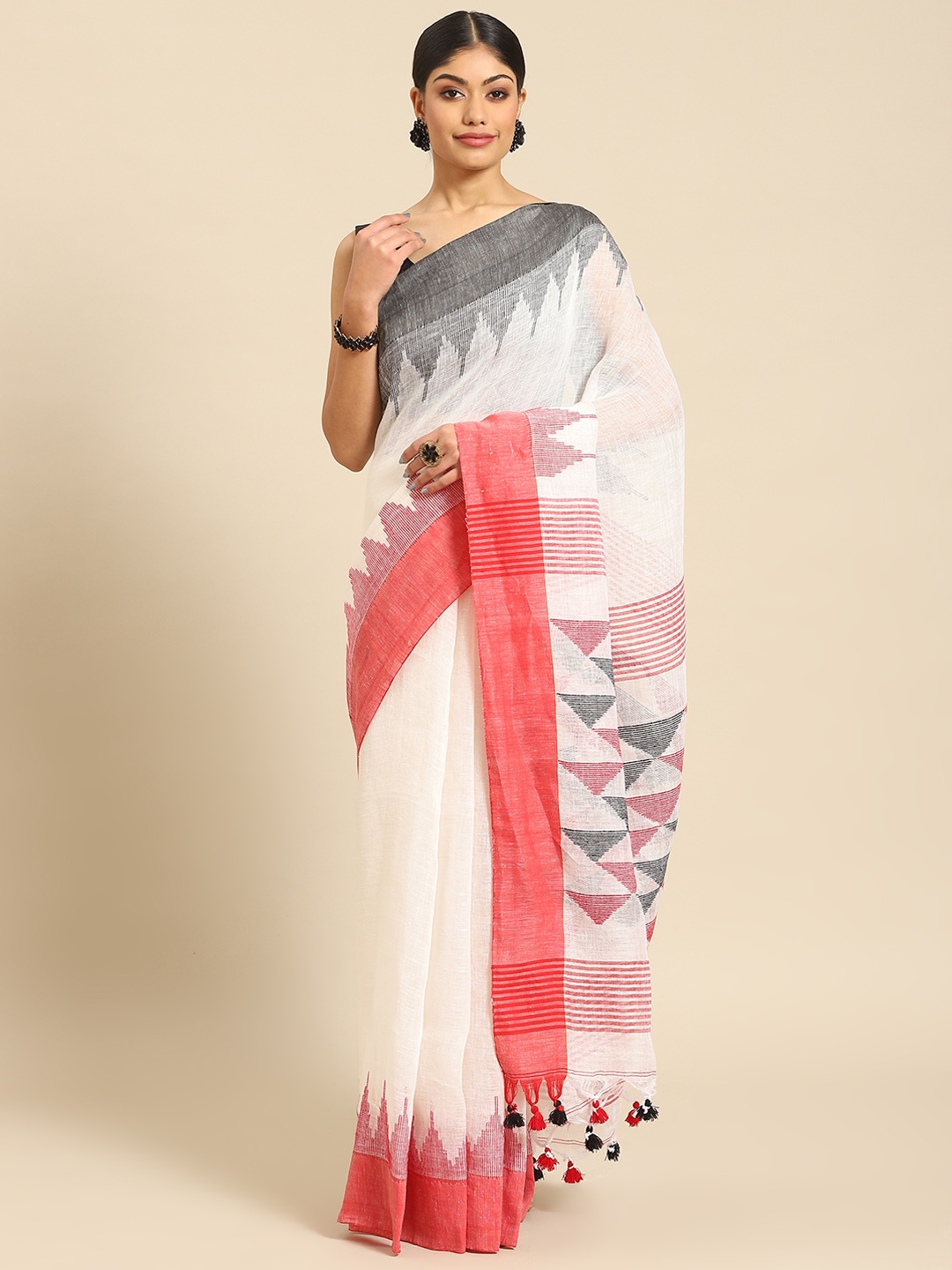 

ADITRI Handloom Pure Linen Jamdani Saree, White