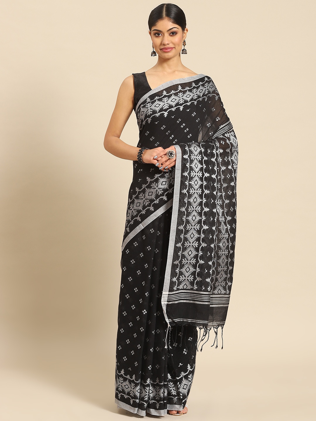 

ADITRI Handloom Pure Cotton Saree, Black