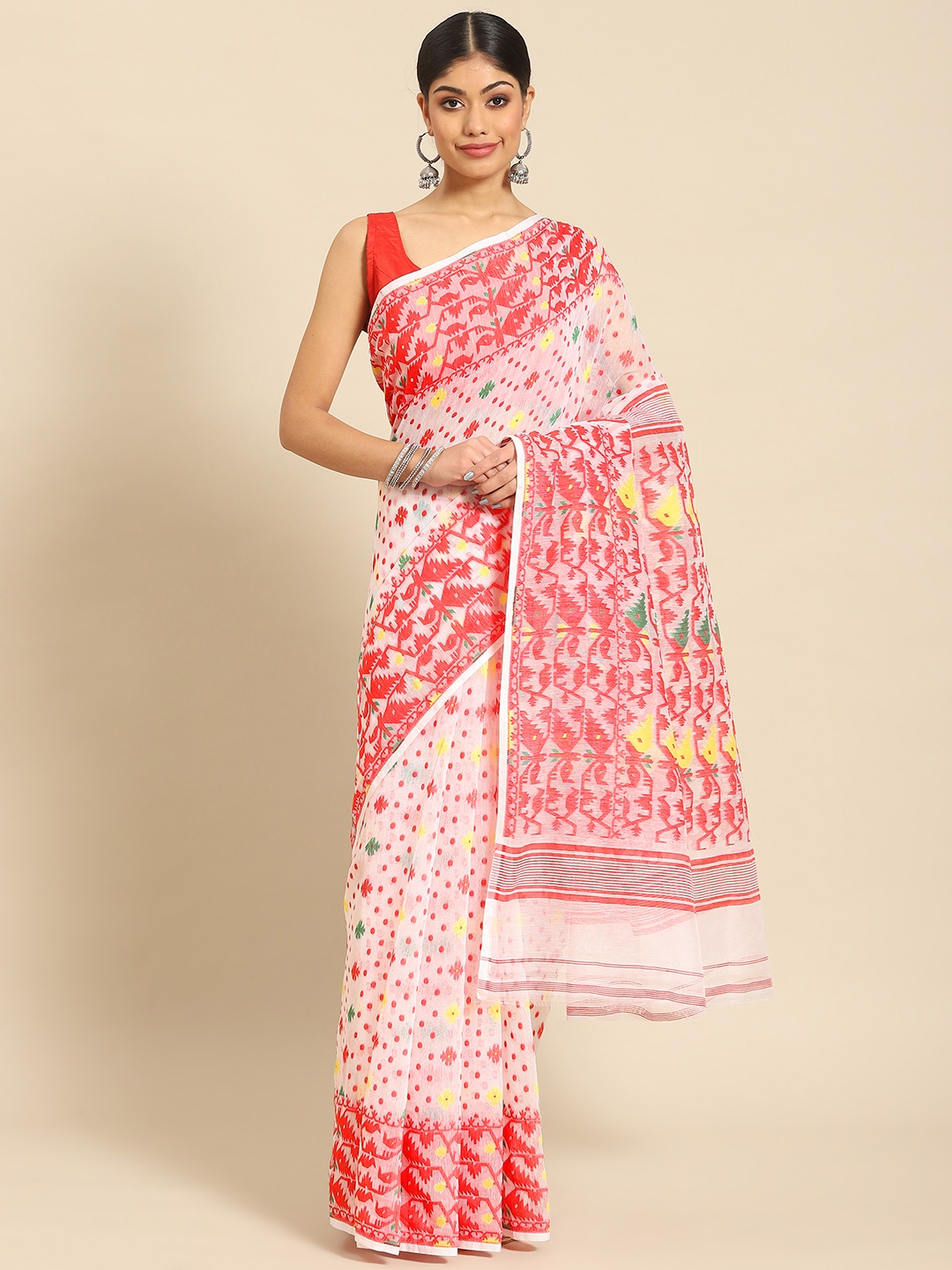 

ADITRI Handloom Silk Cotton Jamdani Saree, Cream