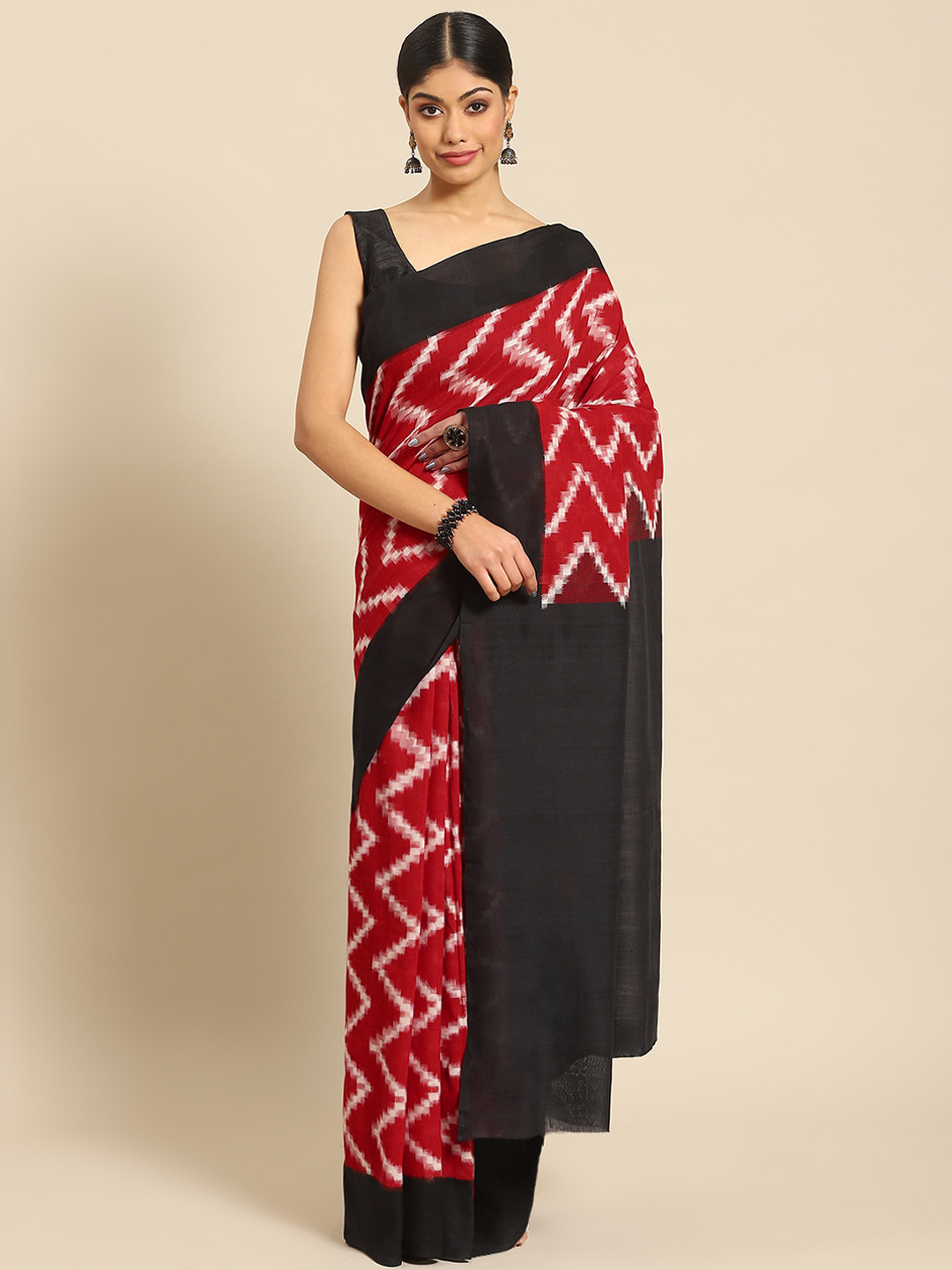 

ADITRI Handloom Pure Cotton Ikat Saree, Red