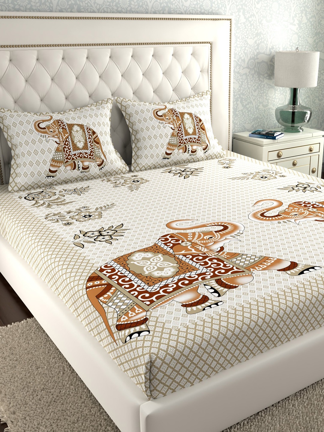 

LA VERNE Brown & White Ethnic Motifs 140 TC King Bedsheet with 2 Pillow Covers