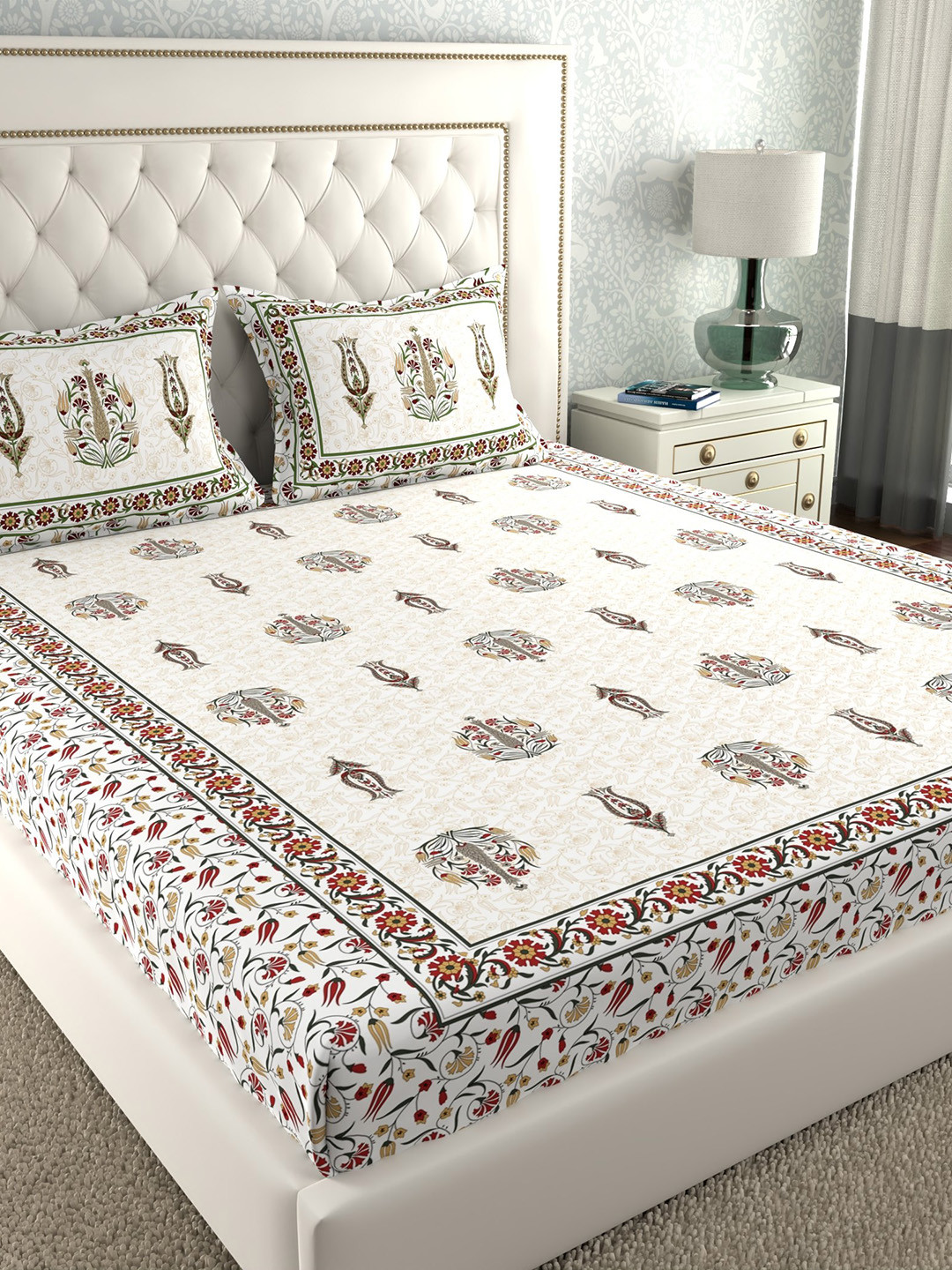 

LA VERNE Off White & Beige Floral 140 TC Cotton King Bedsheet with 2 Pillow Covers