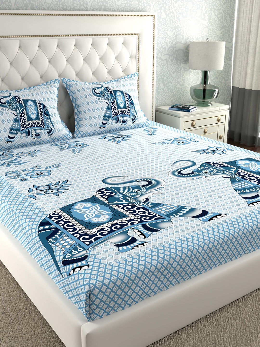 

LA VERNE White & Blue Ethnic Motifs 140 TC Cotton King Bedsheet with 2 Pillow Covers