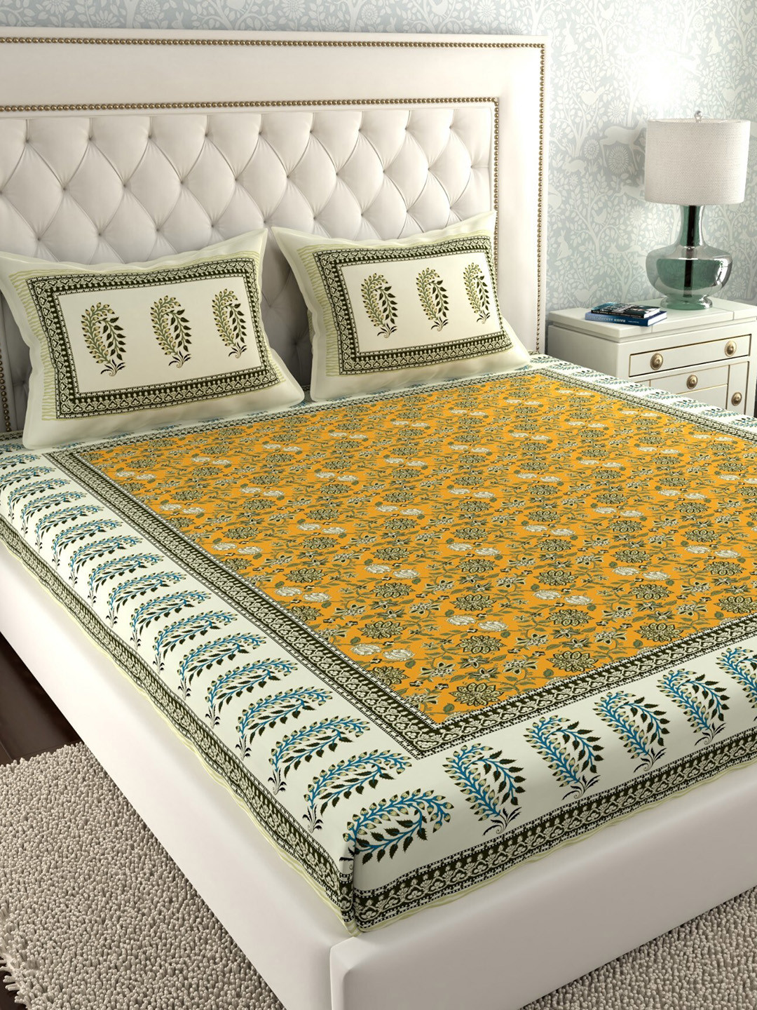 

LA VERNE Mustard & Off White Floral 140 TC Cotton King Bedsheet with 2 Pillow Covers