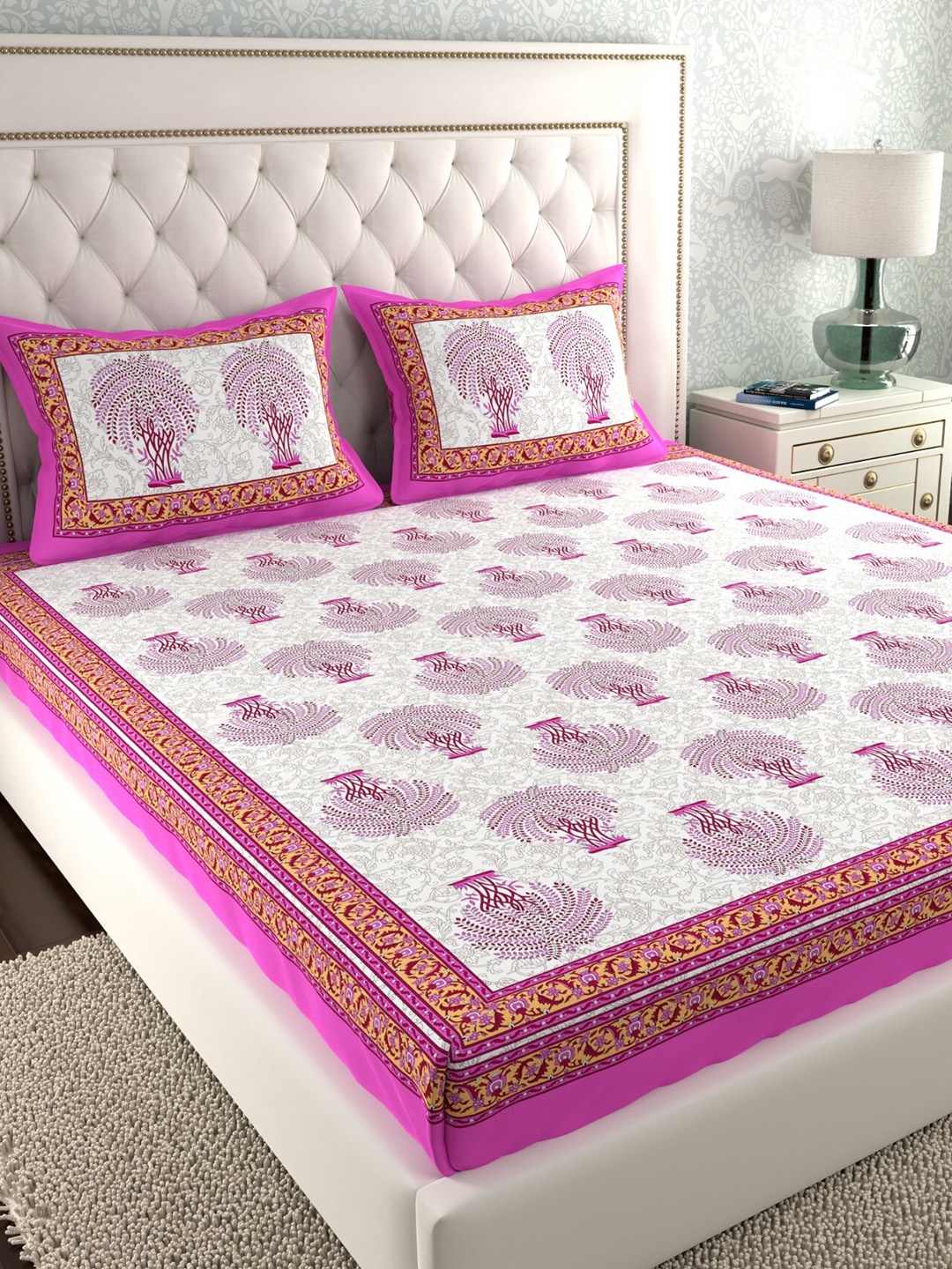

LA VERNE White & Pink Ethnic Motifs 140 TC Cotton King Bedsheet with 2 Pillow Covers