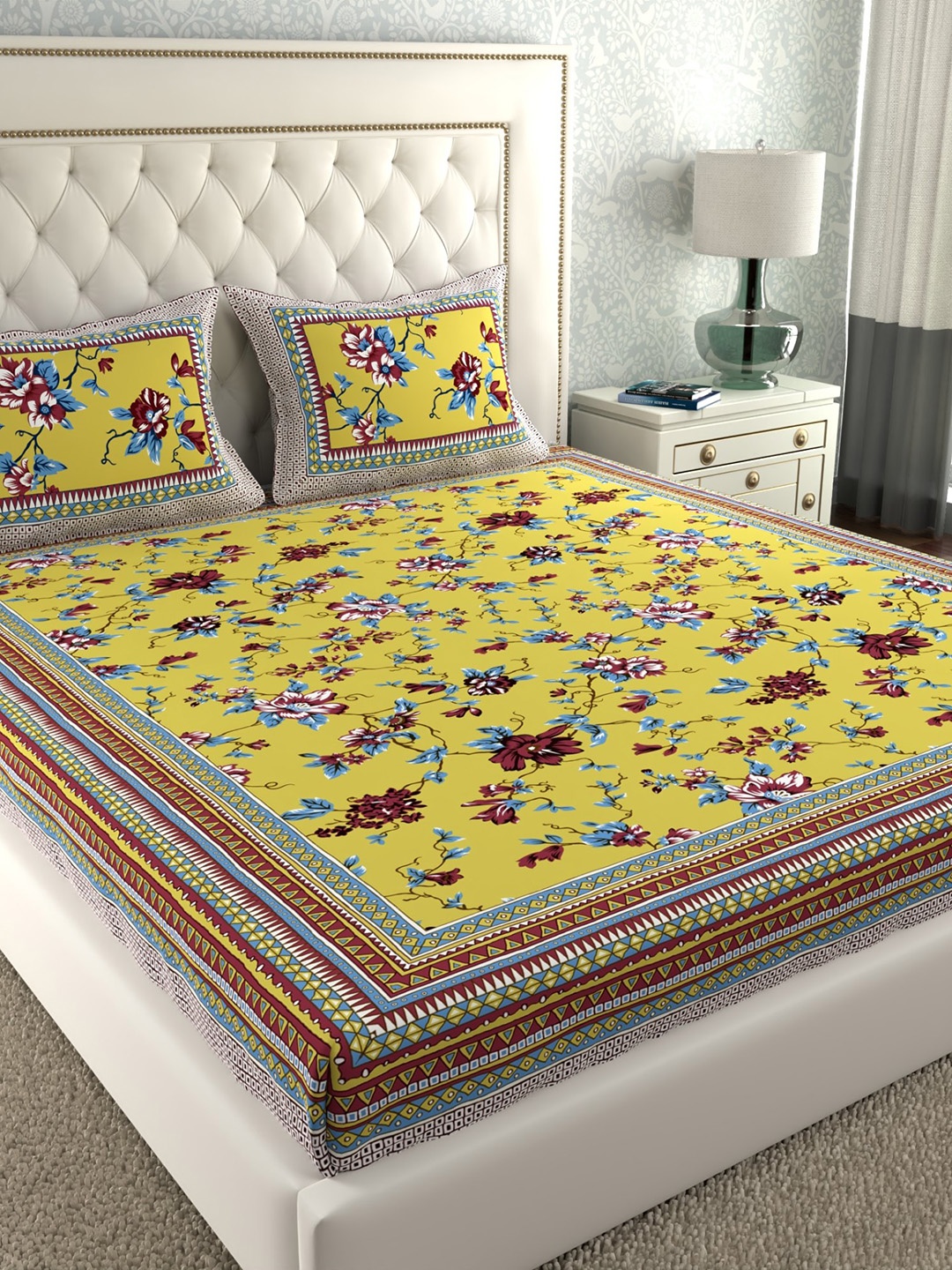 

LA VERNE Yellow & Maroon Floral 200 TC Cotton King Bedsheet with 2 Pillow Covers