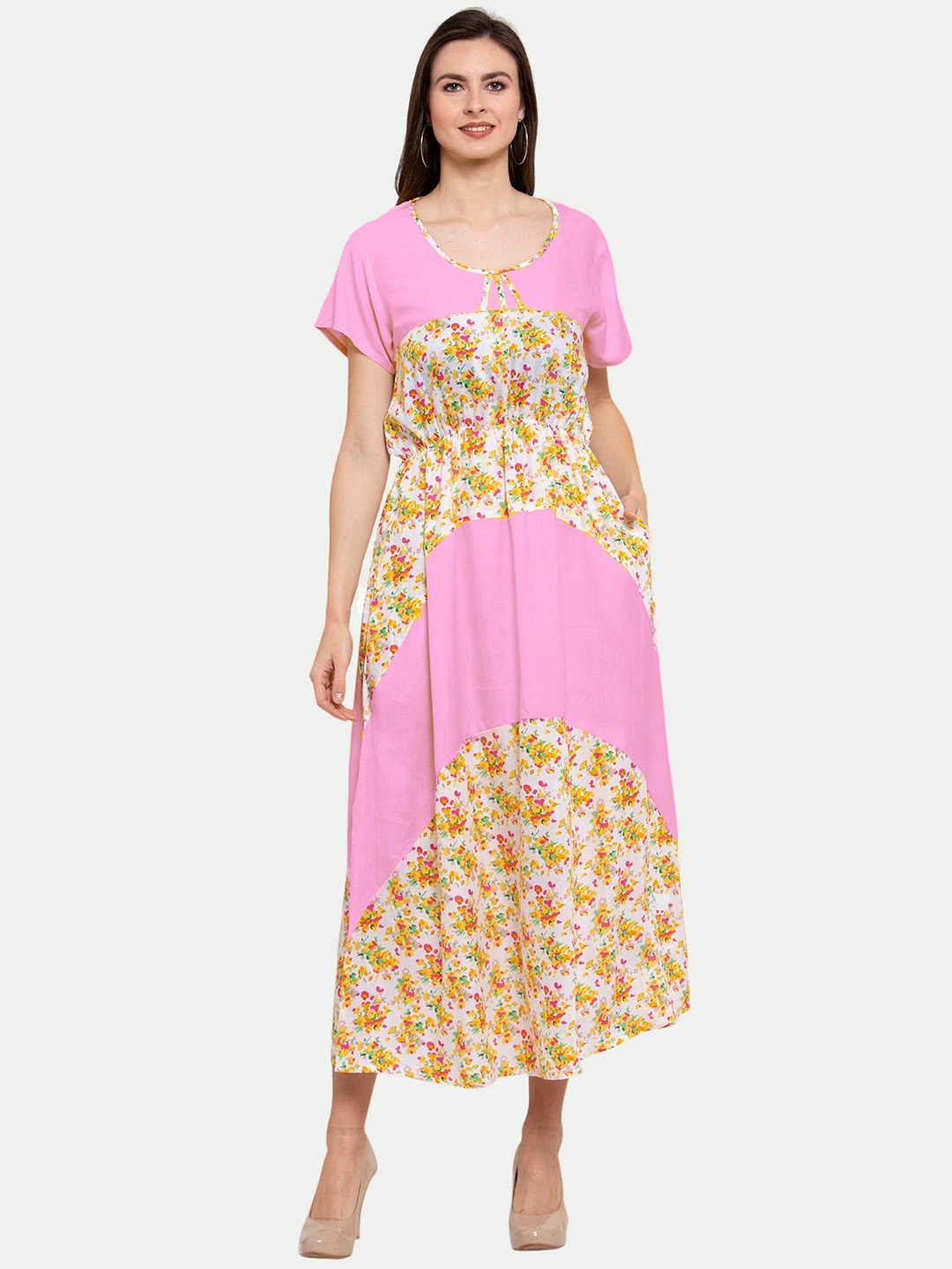 

PATRORNA Pink Floral Printed A-Line Midi Dress