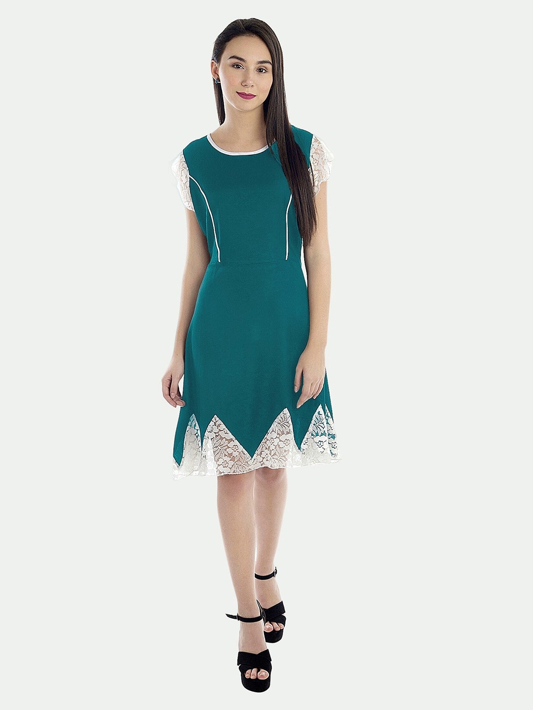

PATRORNA Lace Insert Cotton A-Line Dress, Teal