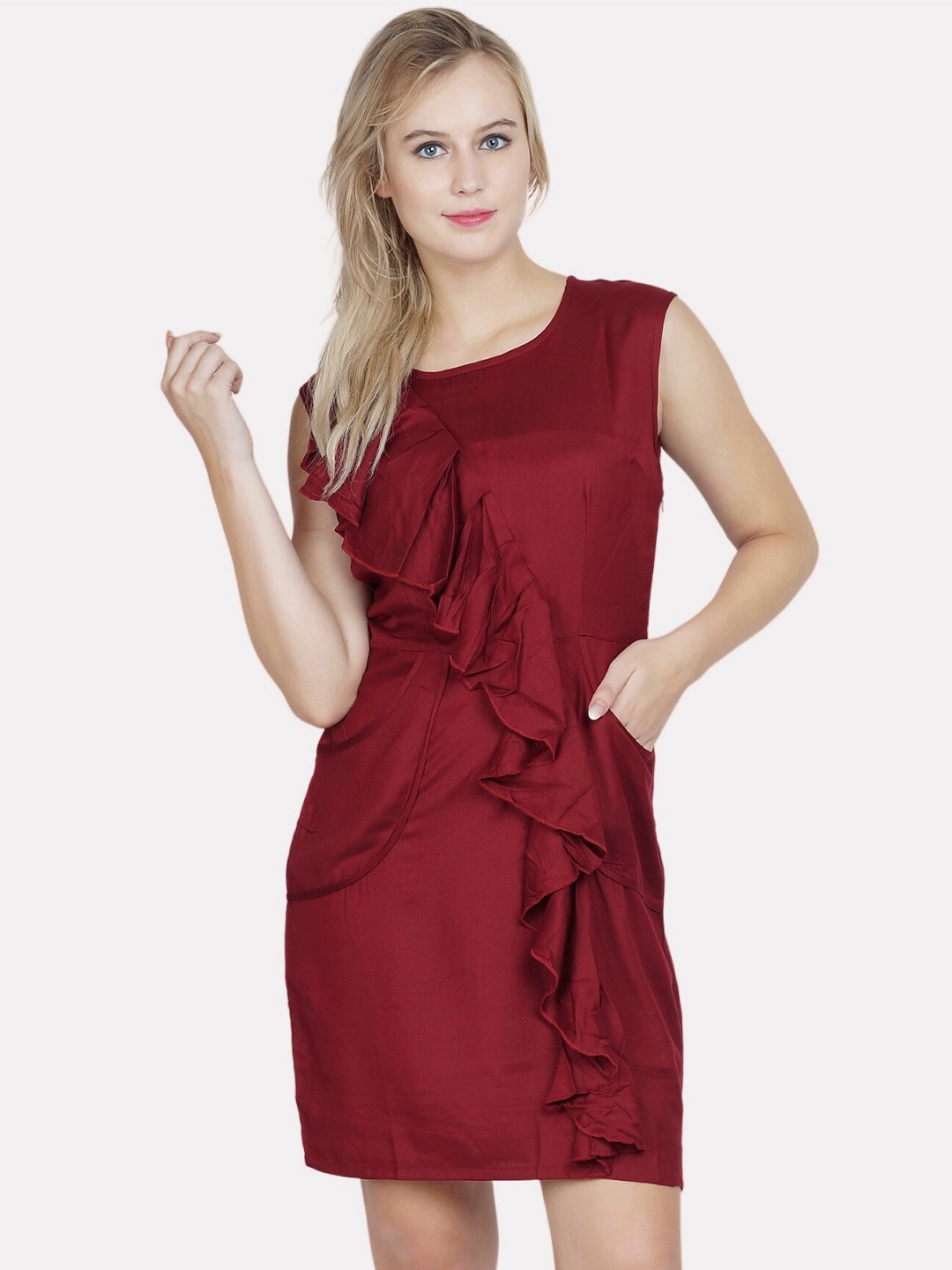

PATRORNA Ruffles Cotton Sheath Dress, Maroon