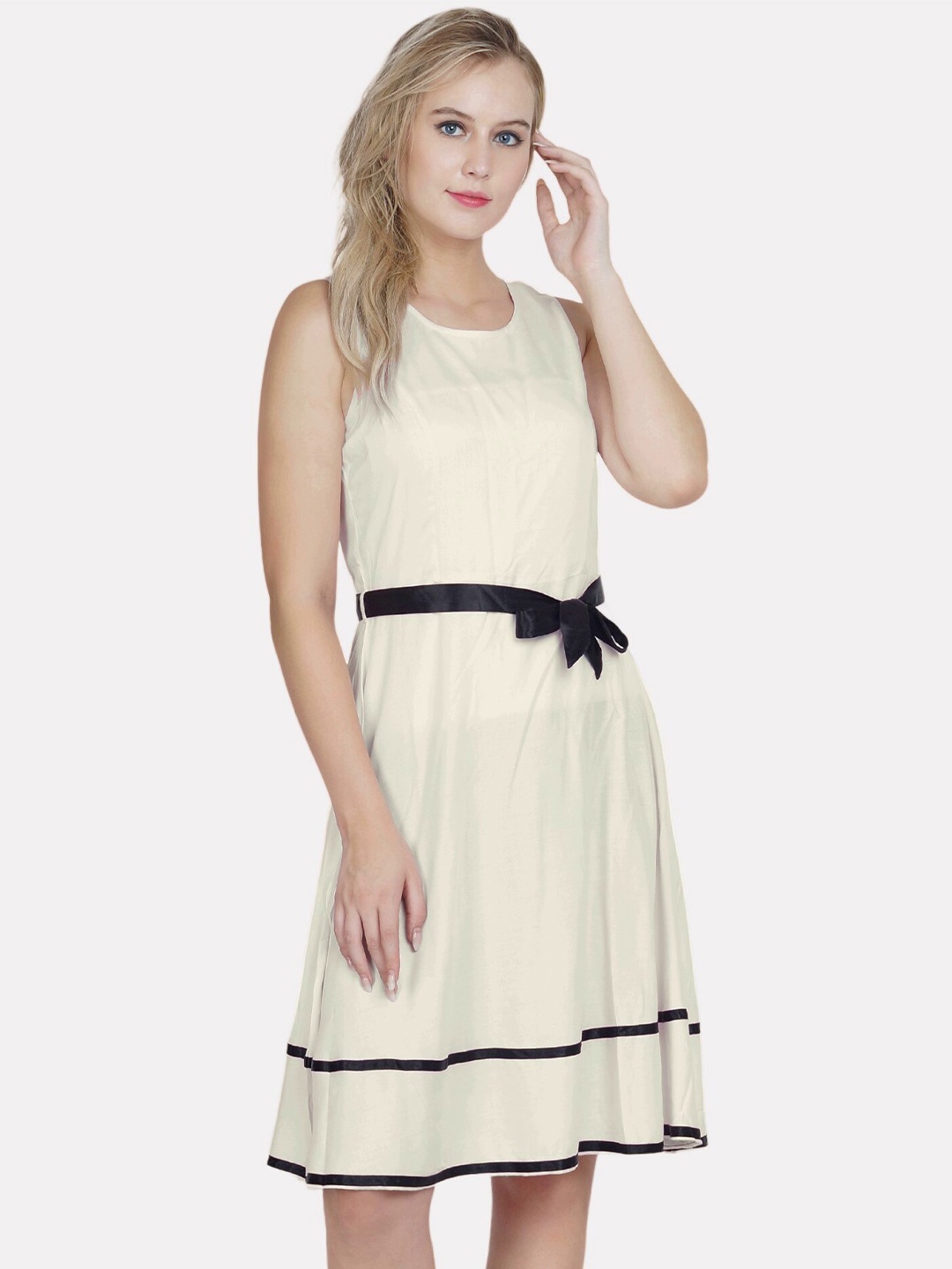 

PATRORNA Belted Sleeveless Fit & Flared Dress, Off white