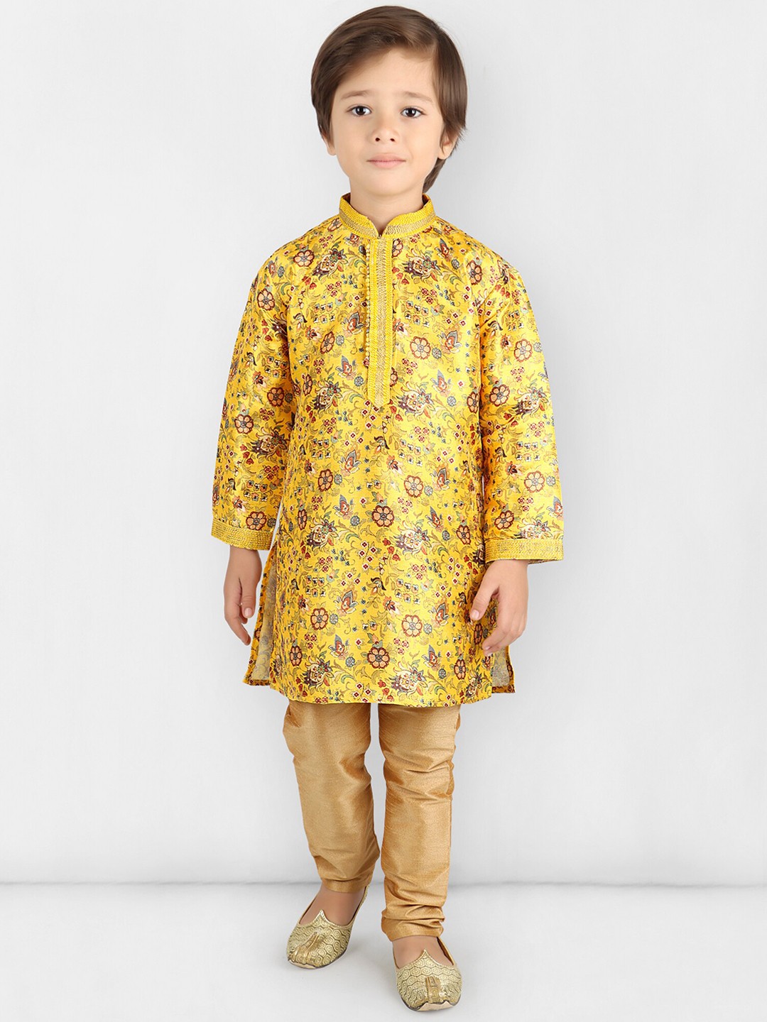 

KIDS FARM Boys Floral Printed Kurta with Churidar, Yellow