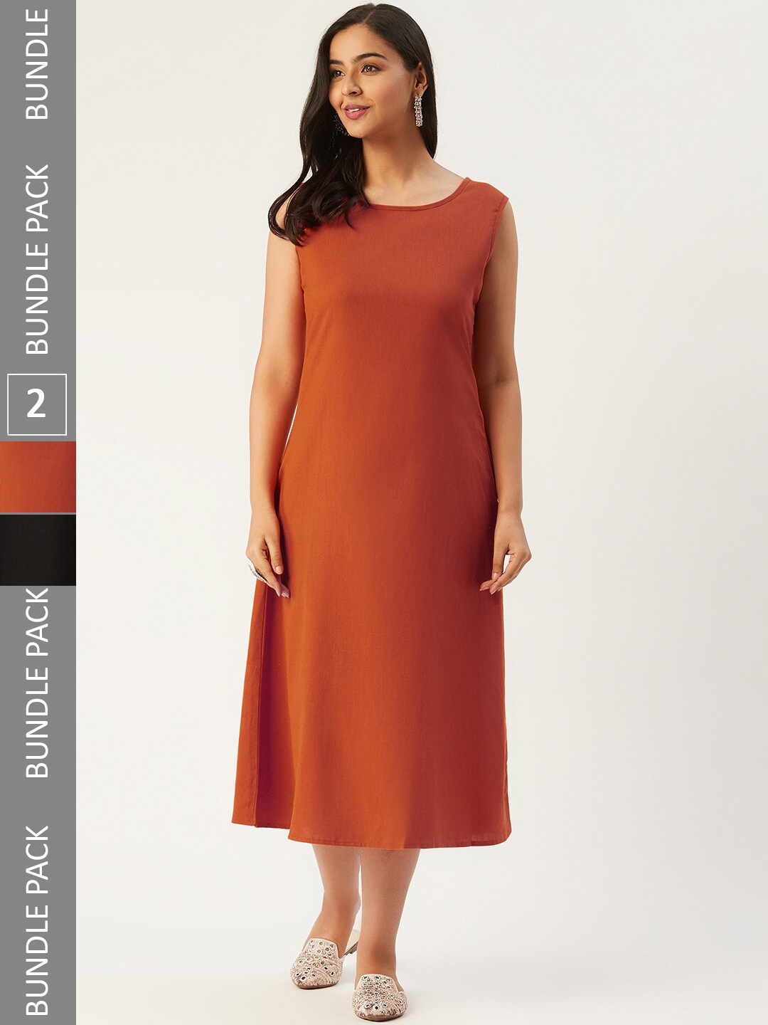 

Molcha Pack of 2 A-Line Midi Pure Cotton Dresses, Rust