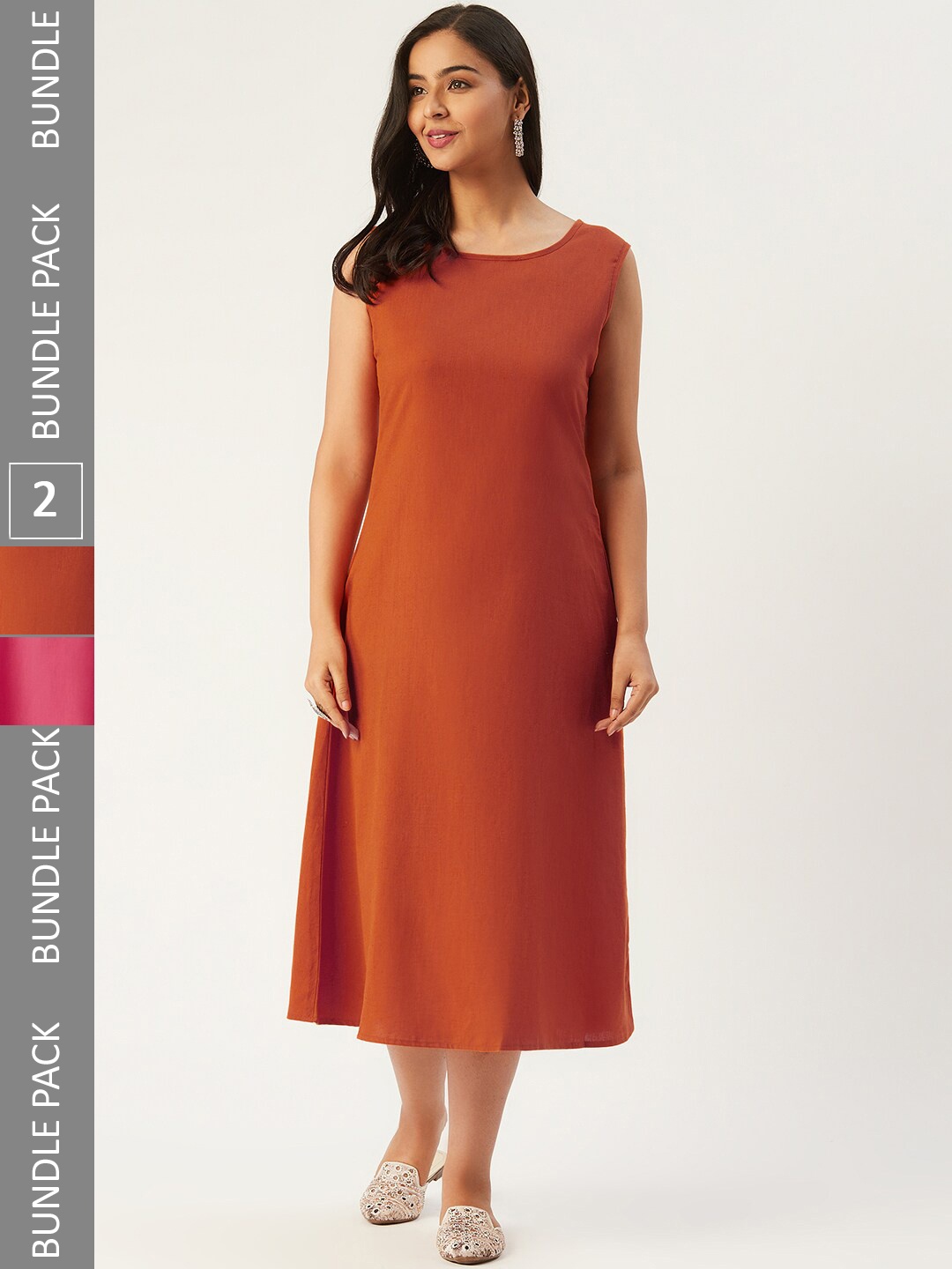 

Molcha Pack of 2 A-Line Midi Pure Cotton Dresses, Pink