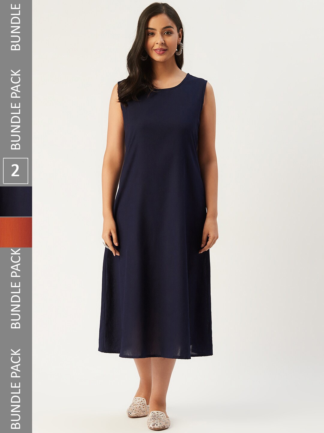 Molcha Pack of 2 A-Line Midi Pure Cotton Dresses, Rust