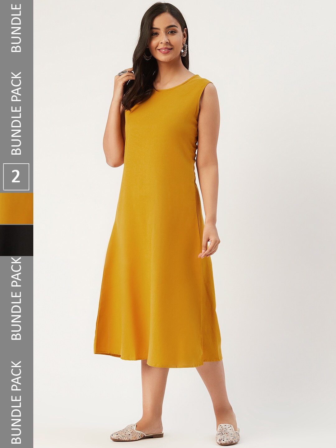 

Molcha Pack Of 2 A-Line Midi Pure Cotton Dresses, Black