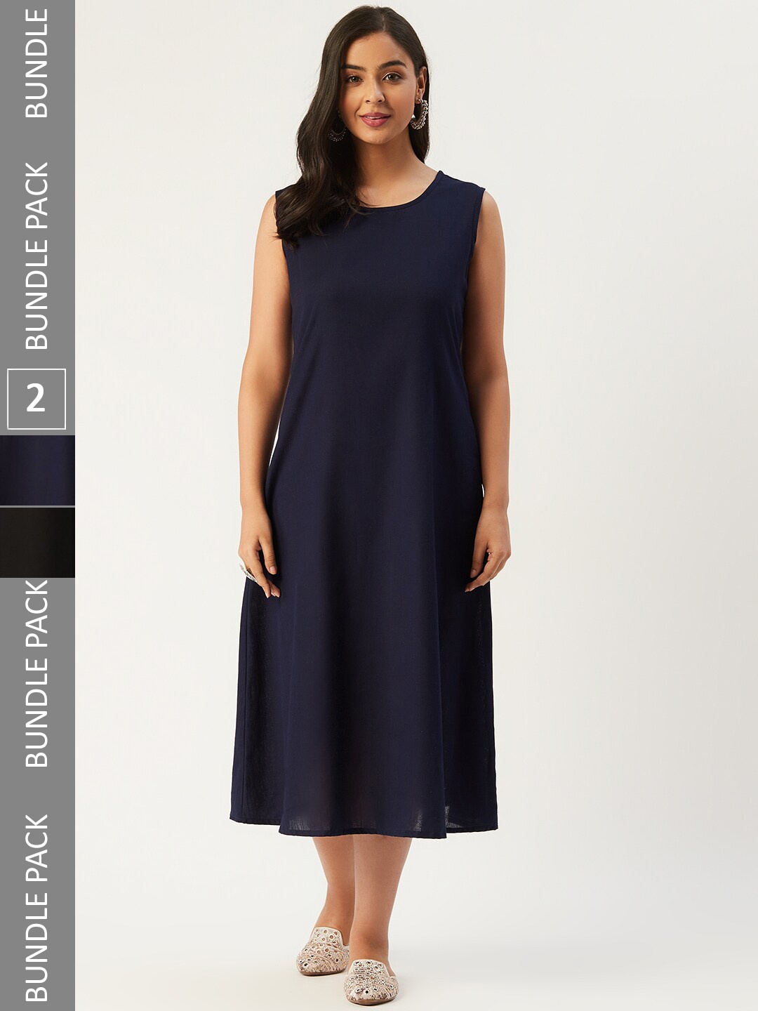 Molcha Pack of 2 A-Line Midi Pure Cotton Dresses, Black