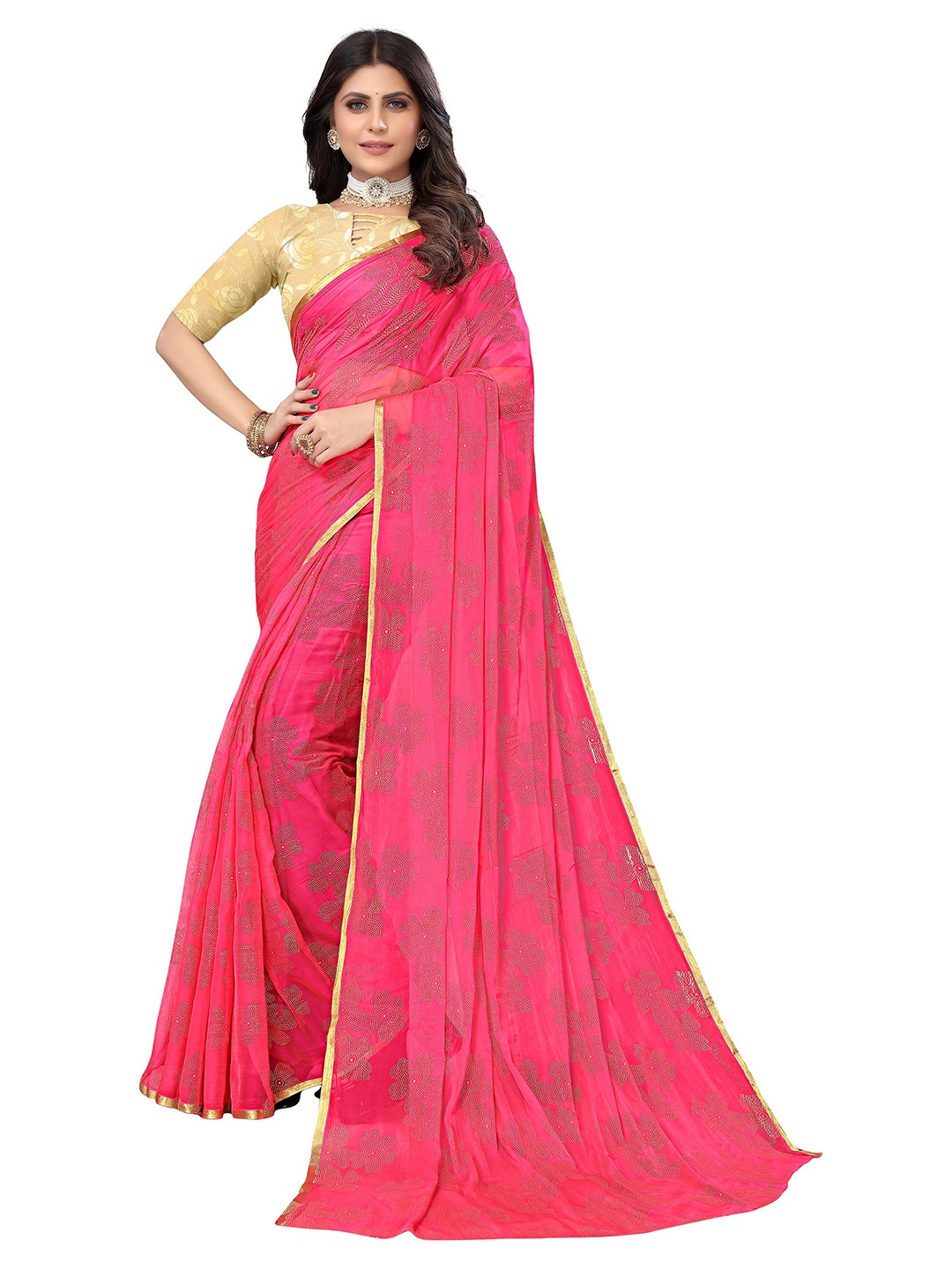 

Nimayaa Floral Pure Chiffon Saree, Pink