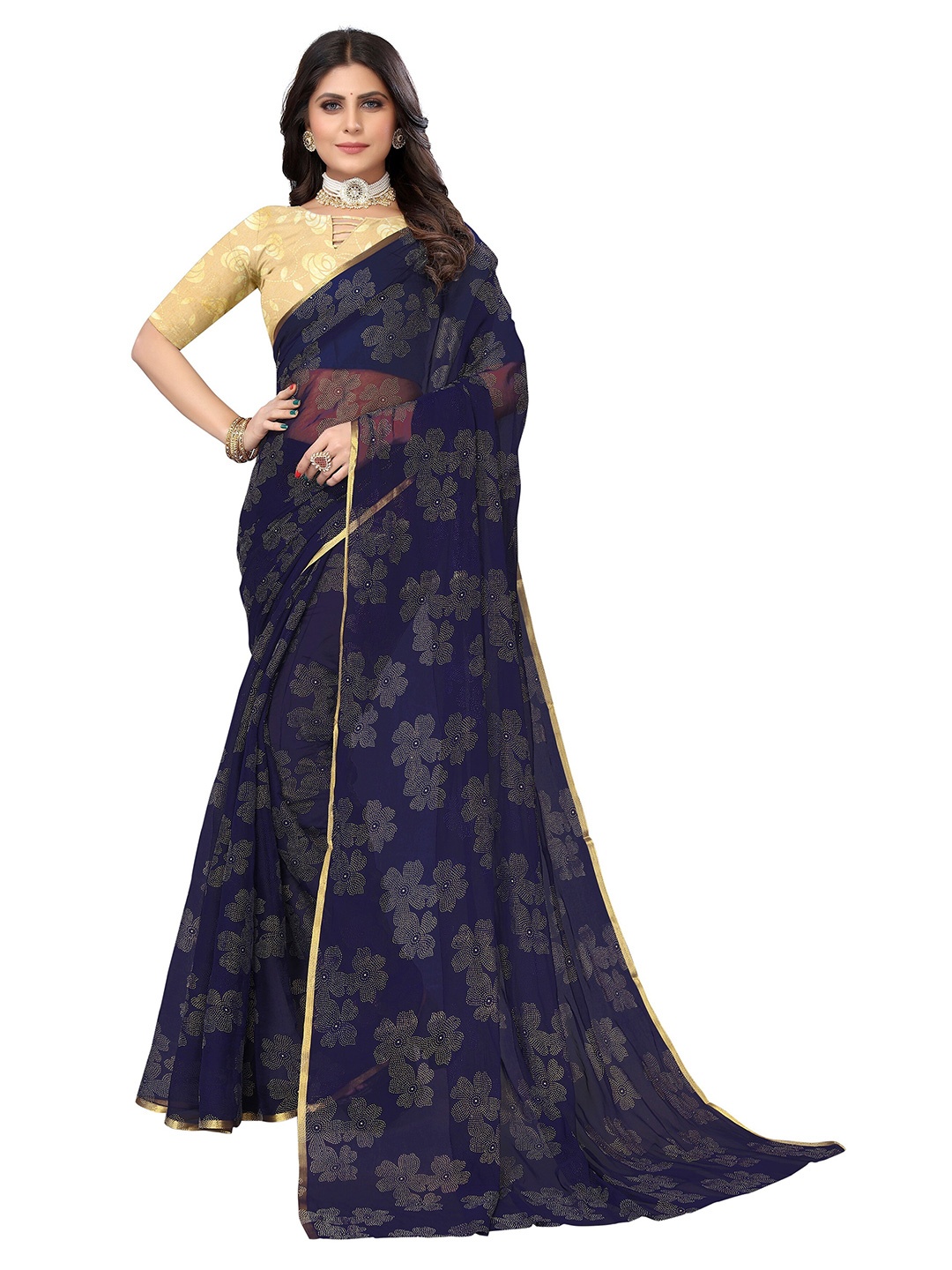 

Nimayaa Floral Embellished Pure Chiffon Uppada Saree, Navy blue