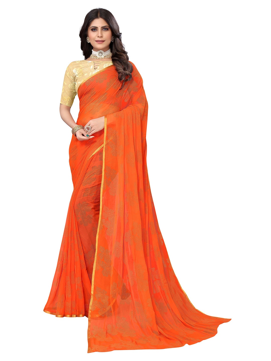 

Nimayaa Floral Embellished Pure Chiffon Saree, Orange