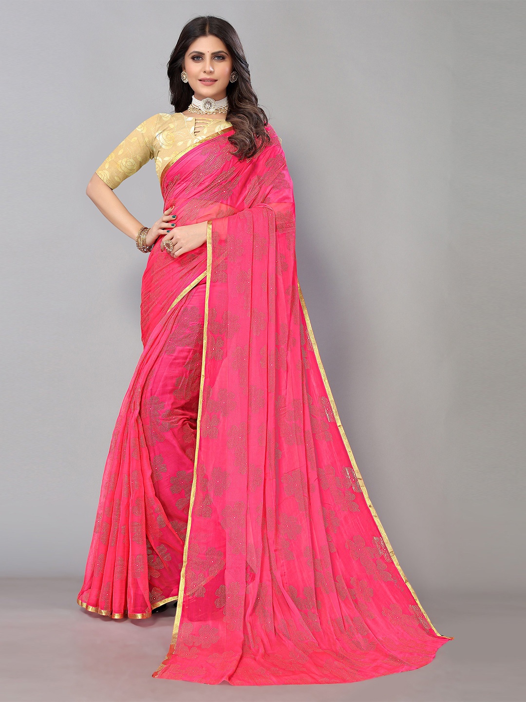 

KALINI Floral Embellished Pure Chiffon Uppada Saree, Pink