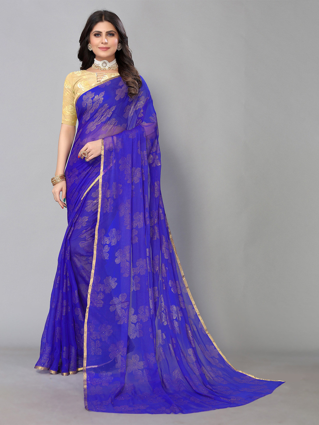 

KALINI Floral Embellished Pure Chiffon Saree, Blue