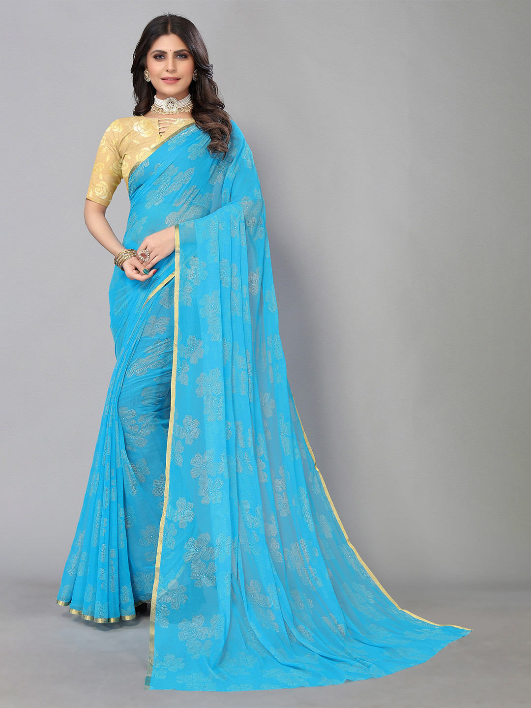 

KALINI Floral Embellished Pure Chiffon Saree, Blue