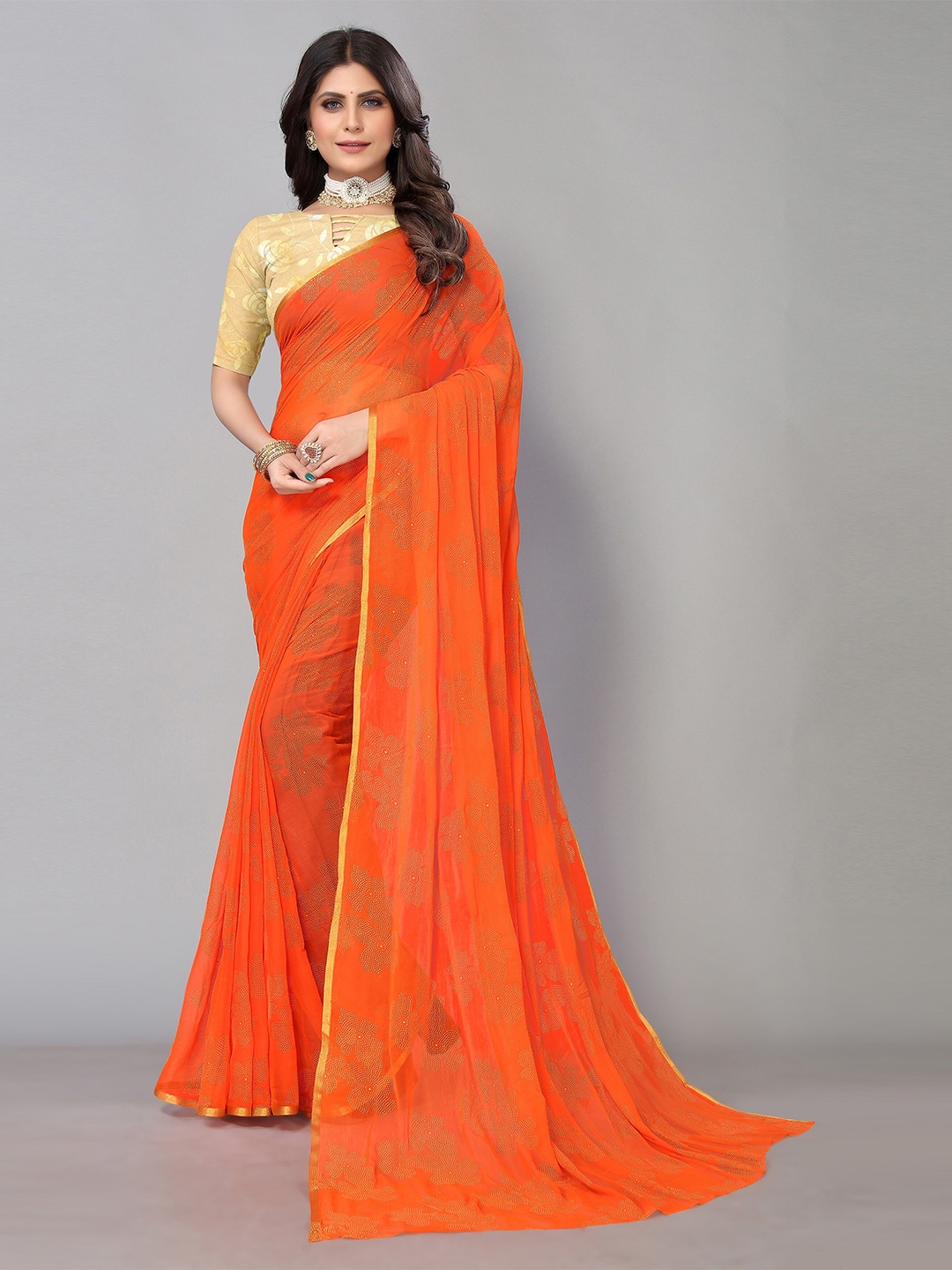 

KALINI Floral Embellished Pure Chiffon Saree, Orange