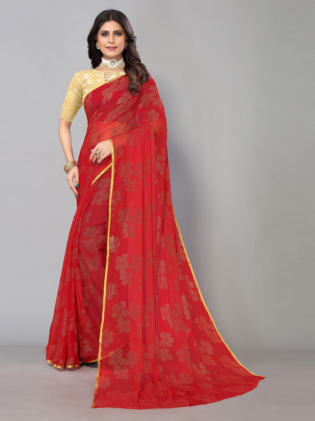 

KALINI Floral Pure Chiffon Saree, Maroon