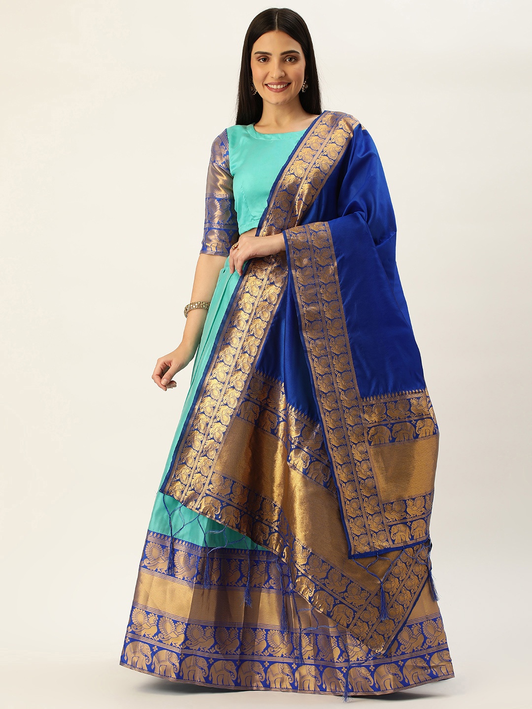 

Fabcartz Zari Woven Design Semi-Stitched Lehenga & Unstitched Blouse With Dupatta, Turquoise blue