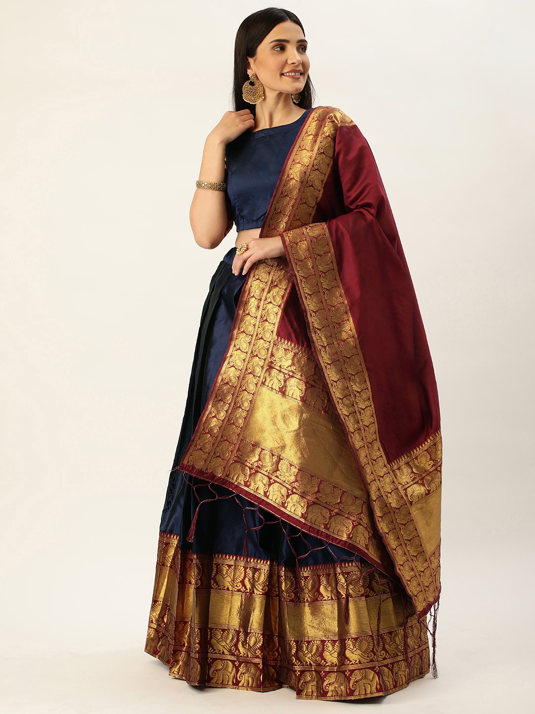 

Fabcartz Zari Woven Design Semi-Stitched Lehenga & Unstitched Blouse With Dupatta, Navy blue