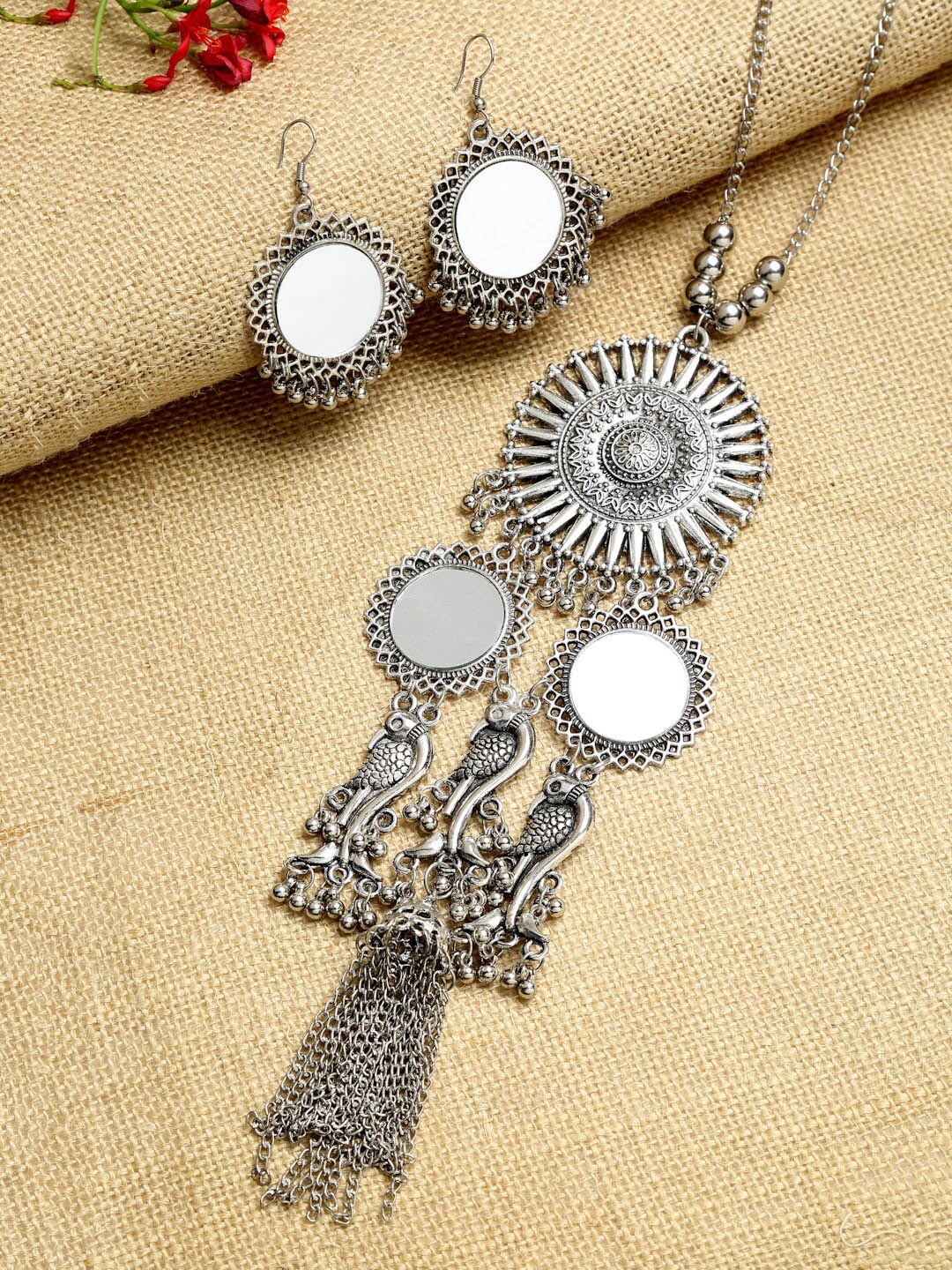 

Dhrohar Oxidised Silver-Plated Mirror & Bead Studded Jewellery Set