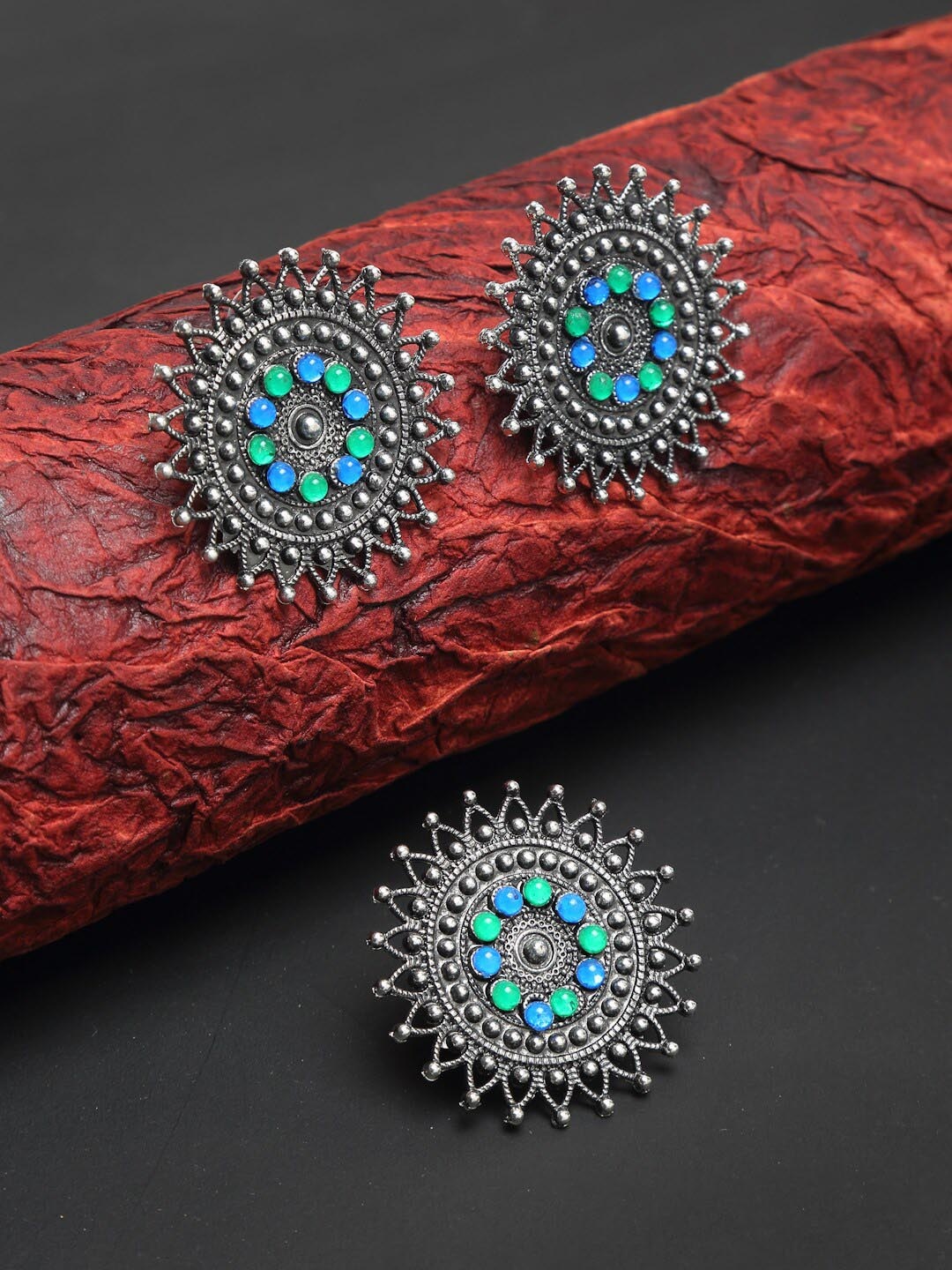

Dhrohar Tribal Sliver-Plated & Stone-Studded Statement Ethnic Earring and Finger Ring Set, Silver