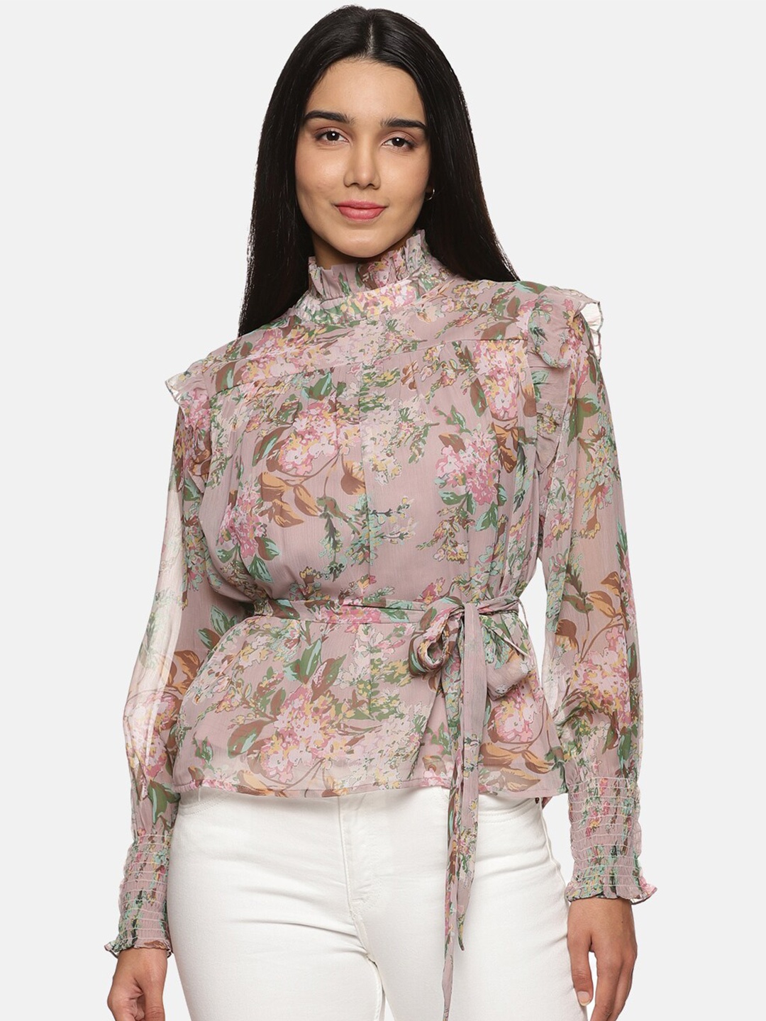

ISU Women Floral Print Belted Top, Beige