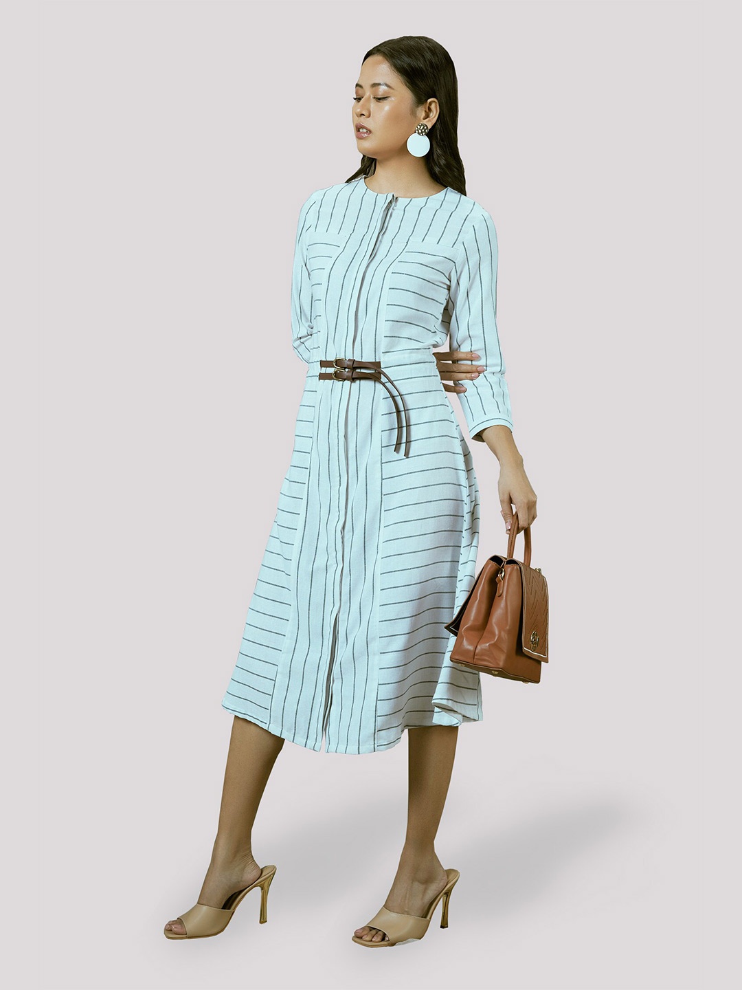 

NOT SO PINK Striped A-Line Cotton Midi Dress, Blue