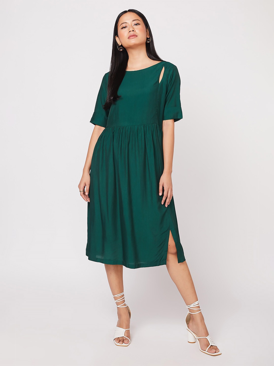 

NOT SO PINK Round Neck Fit & Flare Cotton Midi Dress, Green