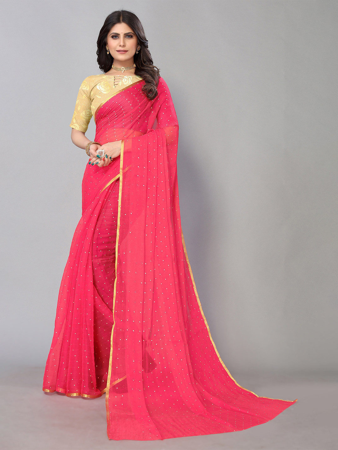 

KALINI Pure Chiffon Saree With Blouse Piece, Pink
