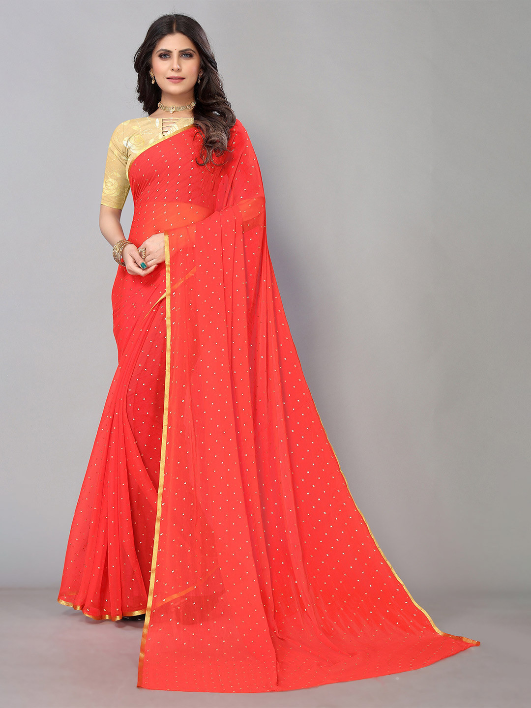 

KALINI Ethnic Motifs Pure Chiffon Saree, Red