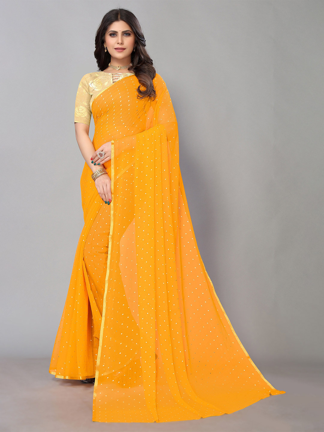 

KALINI Geometric Printed Pure Chiffon Saree, Mustard