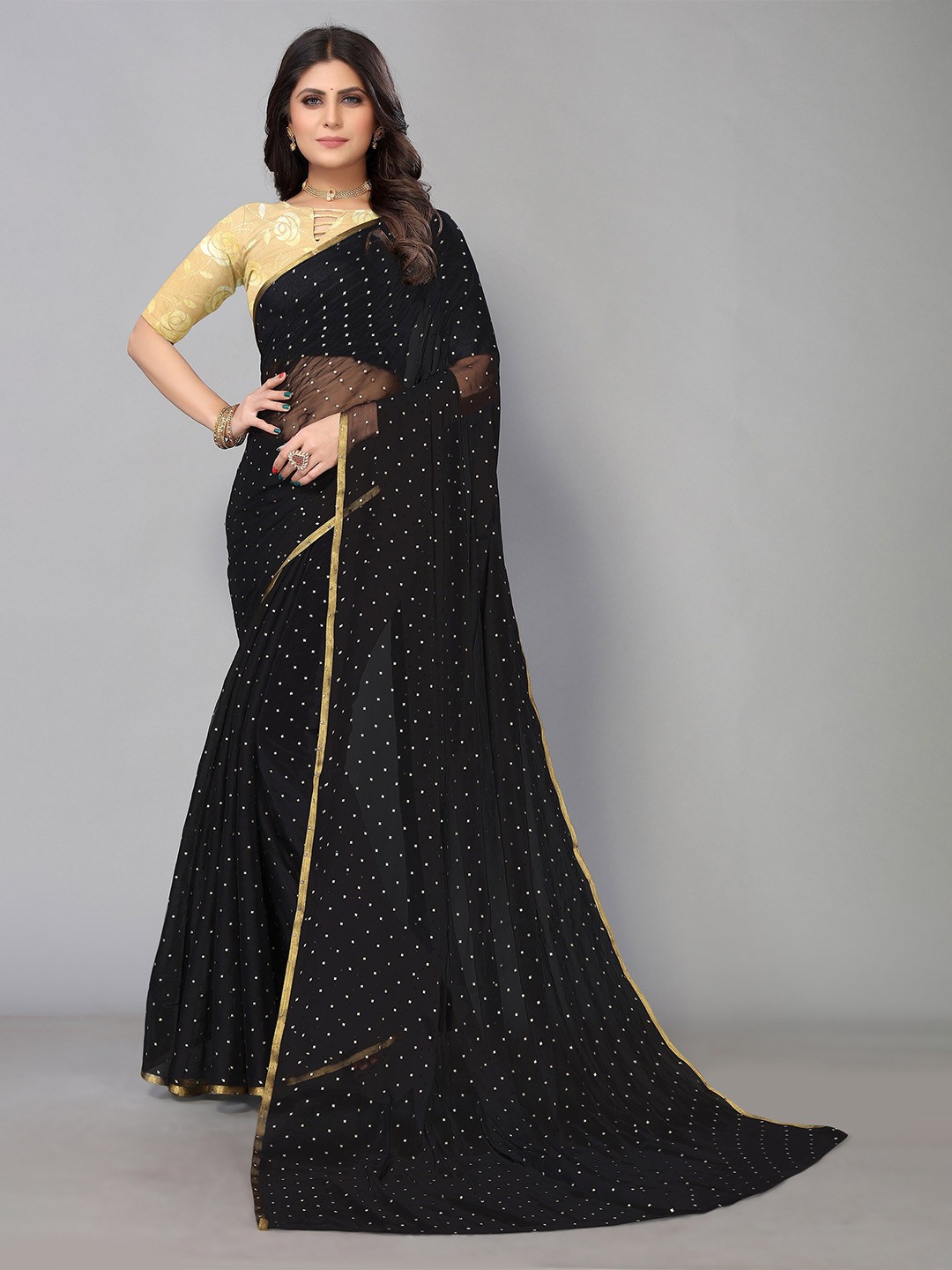 

KALINI Geometric Printed Pure Chiffon Saree, Black