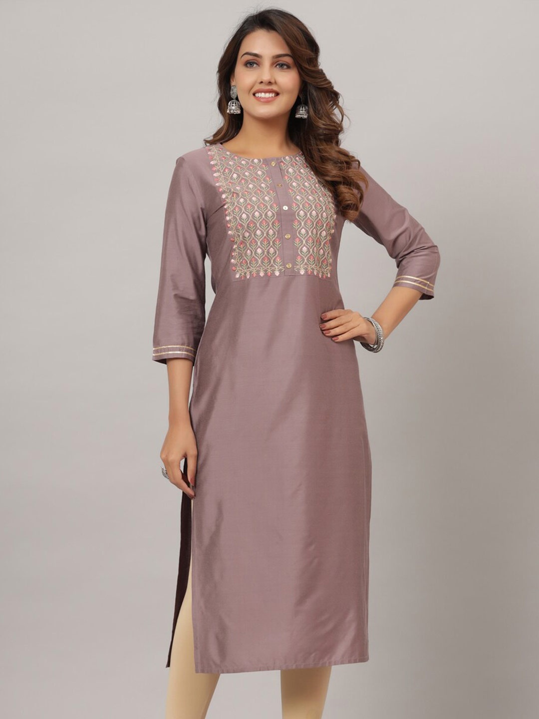 

CRAFTED FOR YOU Women Floral Yoke Design Thread Work Kurta, Lavender