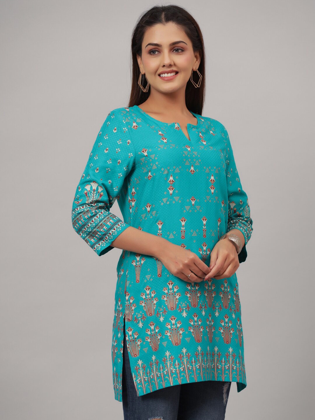 

CRAFTED FOR YOU Ethnic Motifs Printed Notch Collar Kurti, Teal